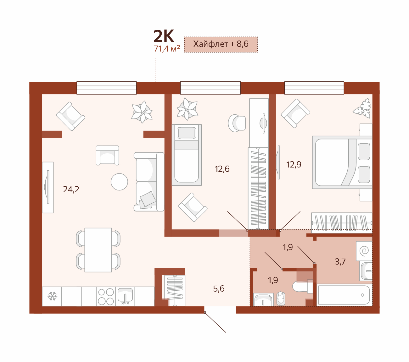 Планировка: Евротрешка 62.8 м² в ЖК Новатор, Центр: КПД