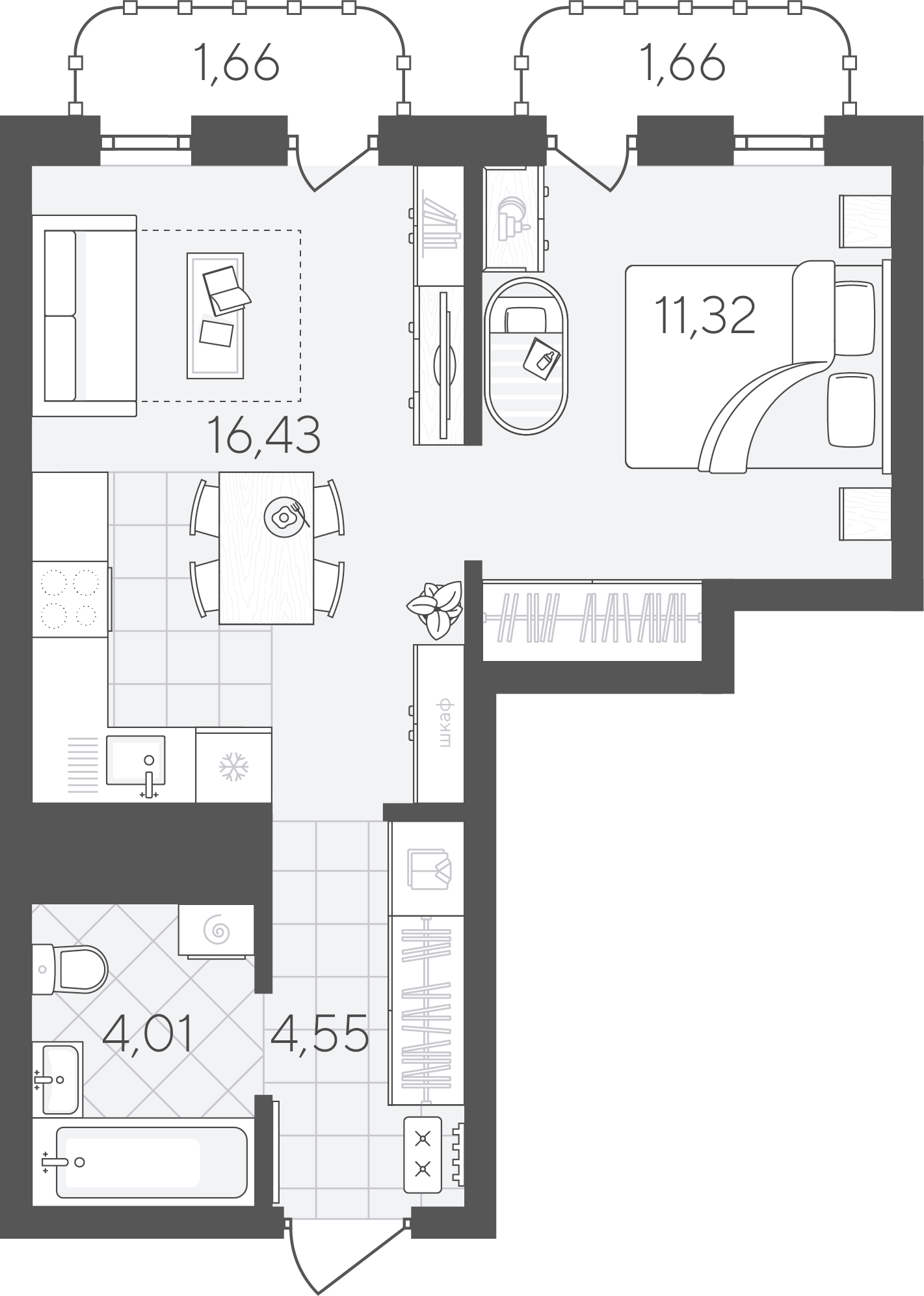 Планировка: Евродвушка 39.6 м² в ЖК Скандиа. Квартал в Слободе, Тюменская слобода