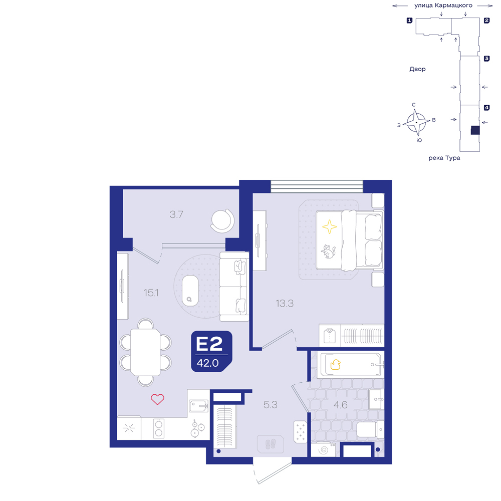 Планировка: Евродвушка 42 м² в ЖК Космо, 5-й Заречный