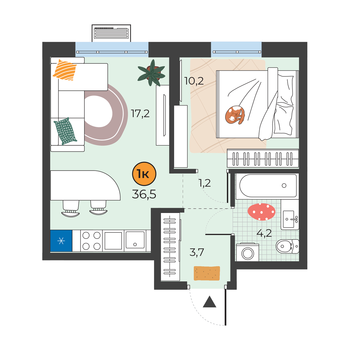 Планировка: Евродвушка 36.5 м² в ЖК Корней, Южный