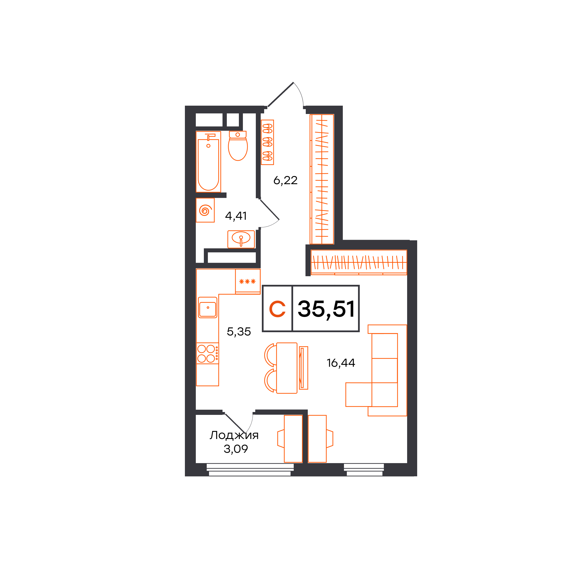 Планировка: Студия 35.5 м² в ЖК Отличие, Комарово Парк