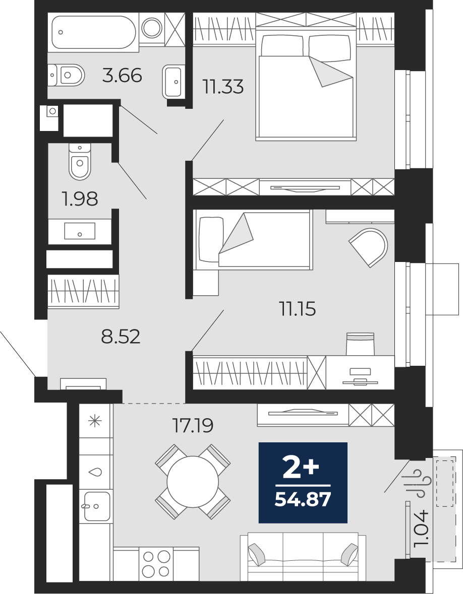 Планировка: Евротрешка 53.8 м² в ЖК Мириады, Мыс