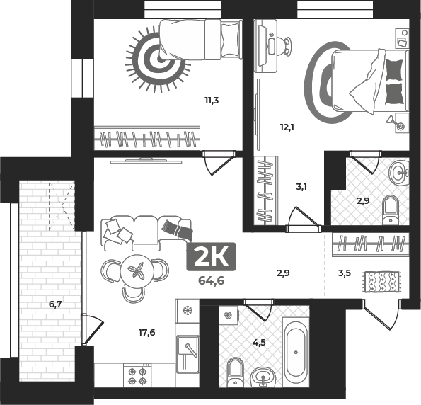 Планировка: Евротрешка 64.6 м² в ЖК Маэстро, 5-й Заречный