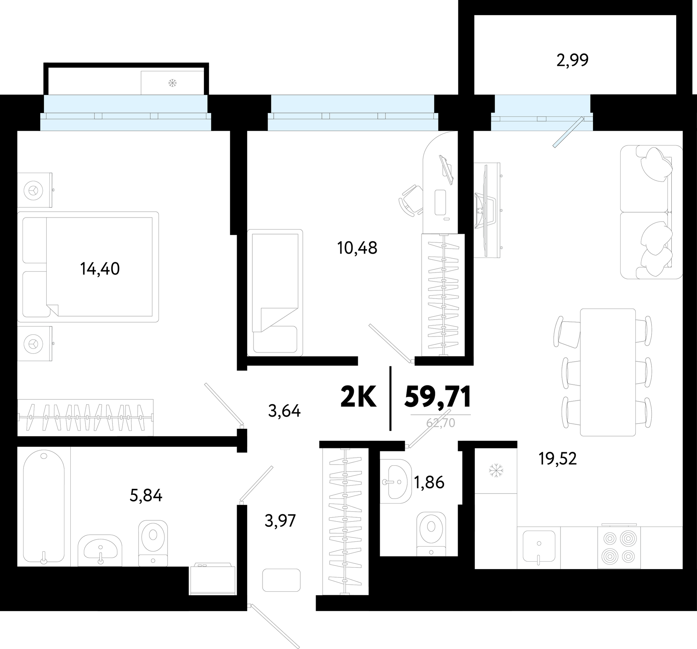 Планировка: Евротрешка 59.7 м² в ЖК Символ, Комарово Парк