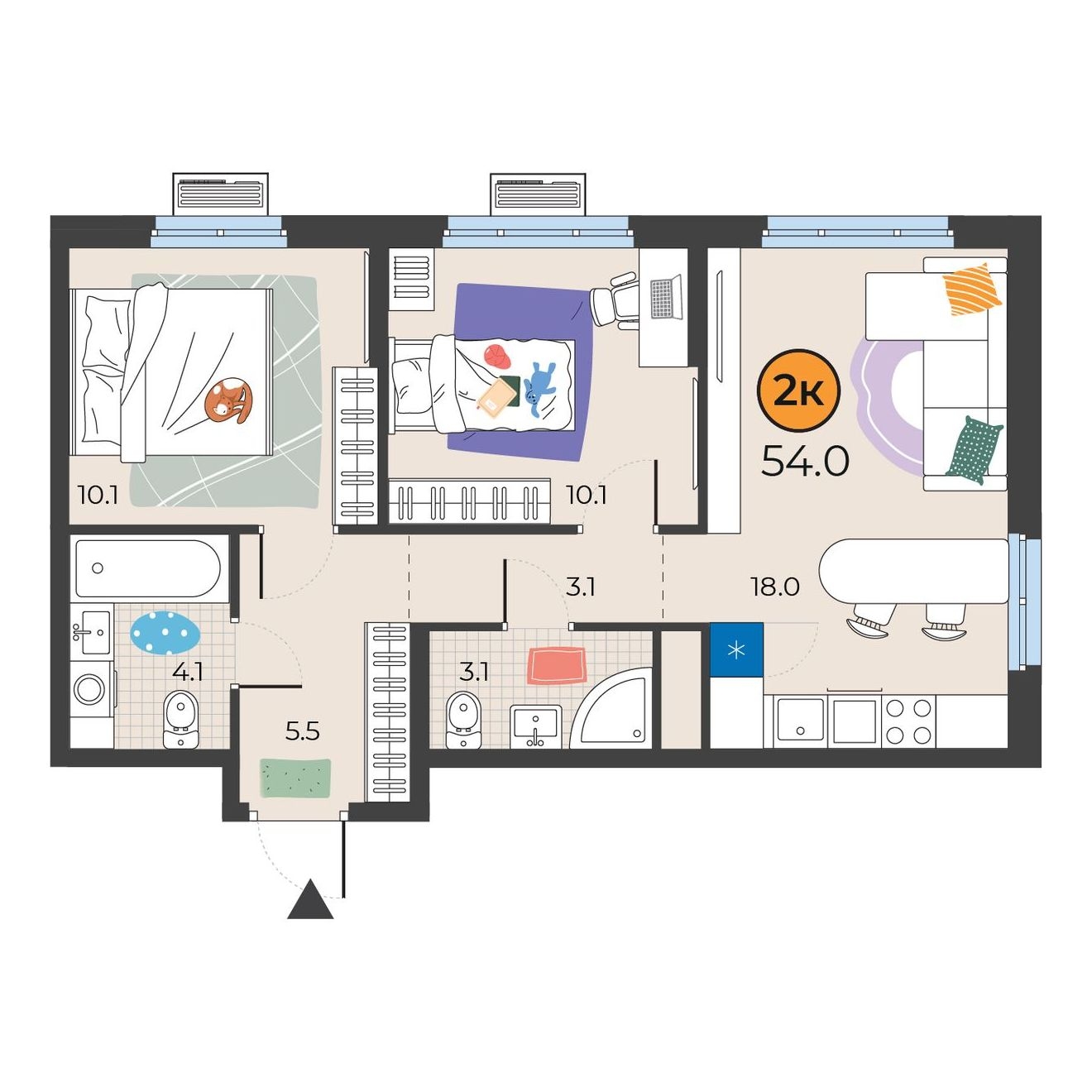 Планировка: Евротрешка 54 м² в ЖК Корней, Южный
