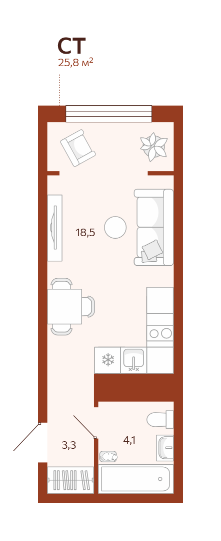 Планировка: Студия 25.8 м² в ЖК Новатор, Центр: КПД