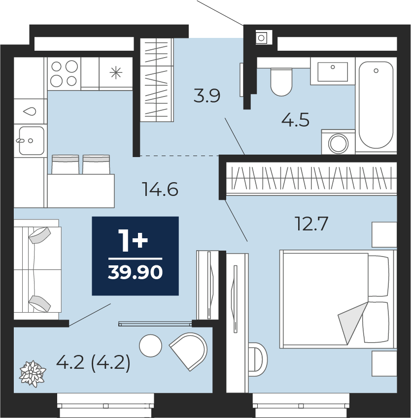 Планировка: Евродвушка 39.9 м² в ЖК Мириады, Мыс