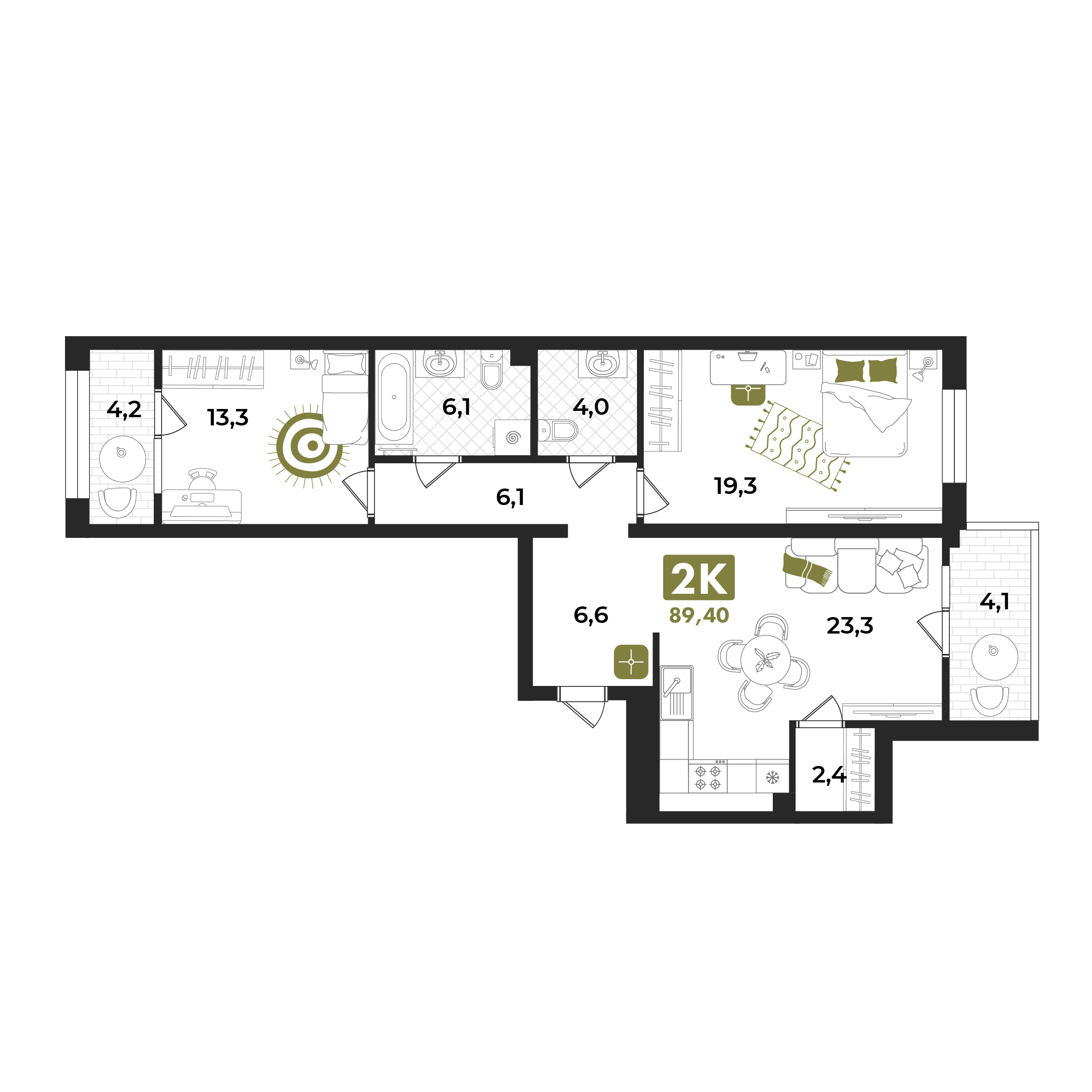 Планировка: Евротрешка 89.4 м² в ЖК Авторский проект "Опера", 5-й Заречный