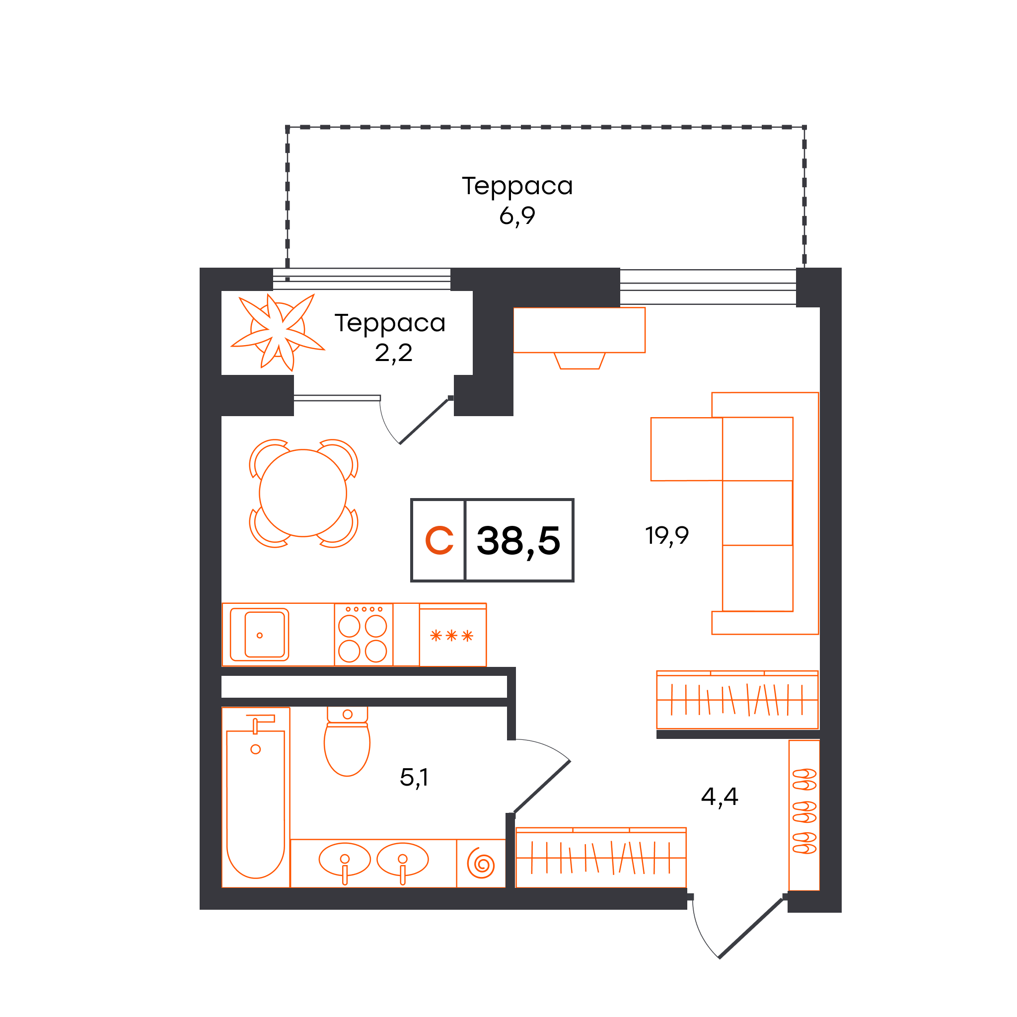 Планировка: Студия 38.5 м² в ЖК Чемпионский, Чемпионский
