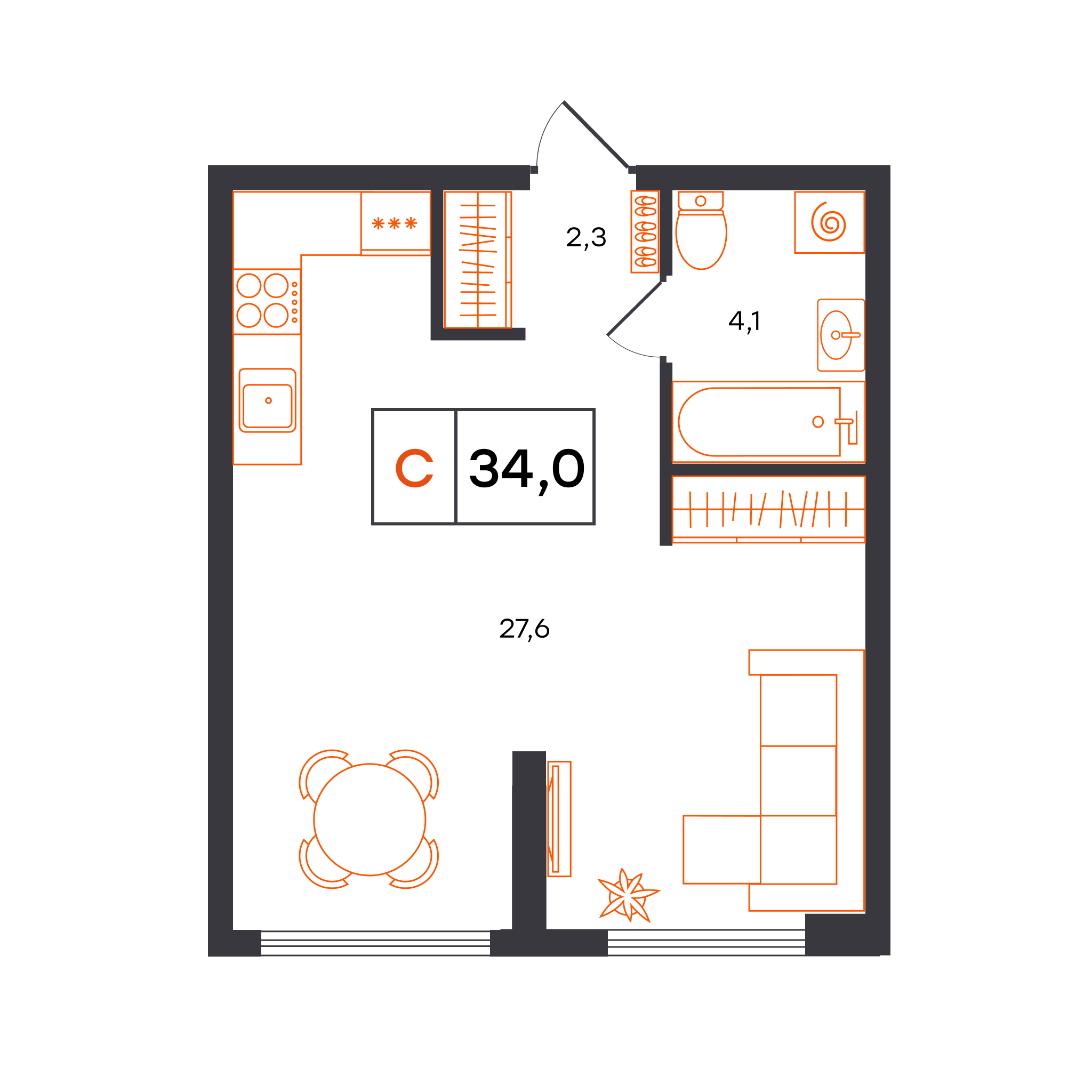 Планировка: Студия 34 м² в ЖК Чемпионский, Чемпионский
