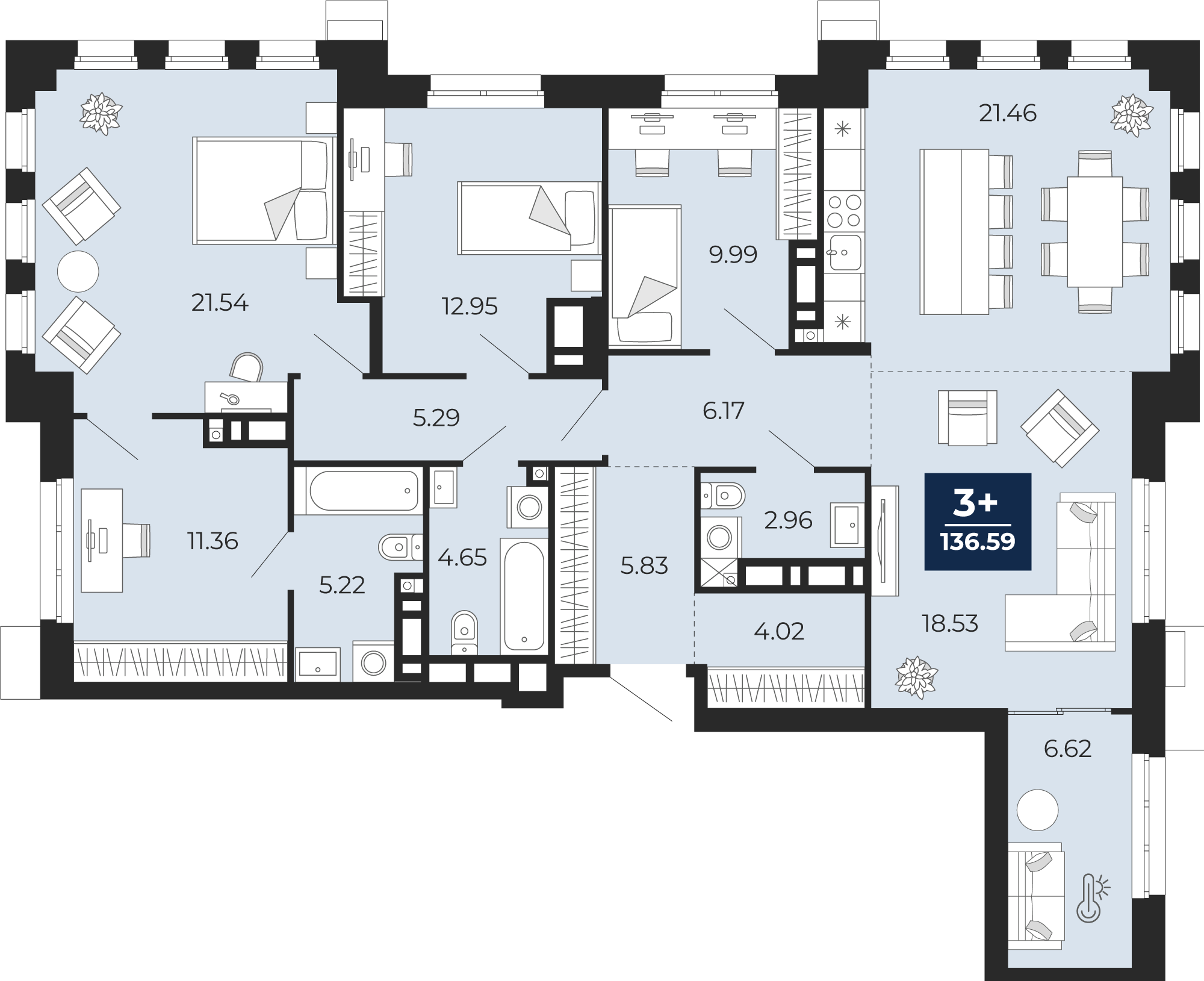 Планировка: 5-комнатная евро 136.6 м² в ЖК Айвазовский, 5-й Заречный
