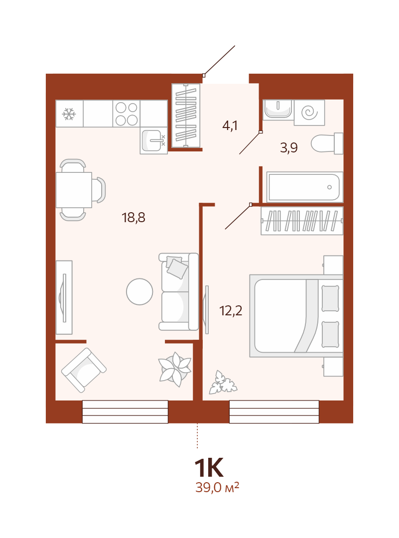 Планировка: Евродвушка 39 м² в ЖК Новатор, Центр: КПД