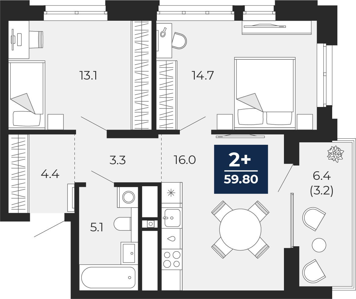 Планировка: Евротрешка 56.6 м² в ЖК Мириады, Мыс