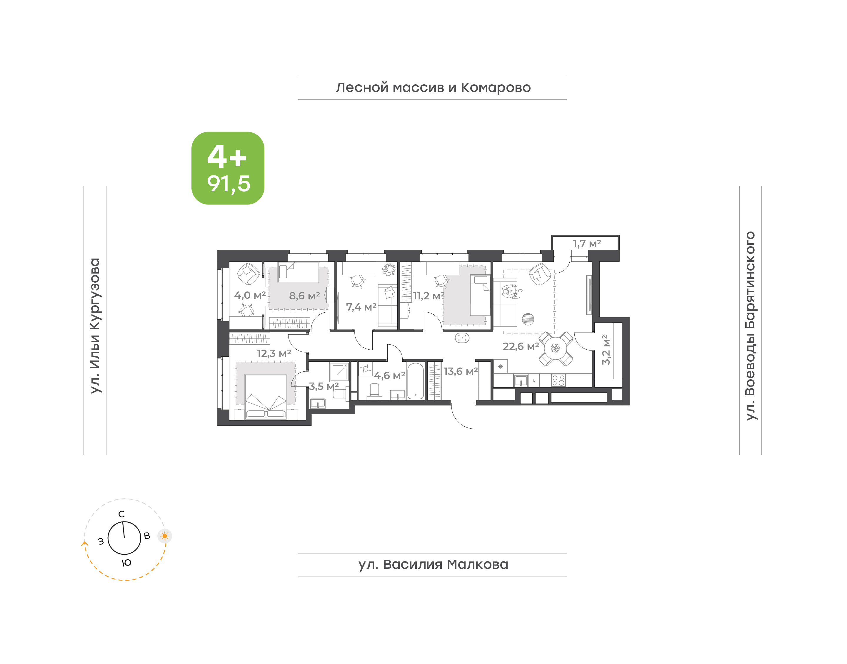 Планировка: 5-комнатная евро 90.7 м² в ЖК Ботаника в Комарово парк, Комарово Парк