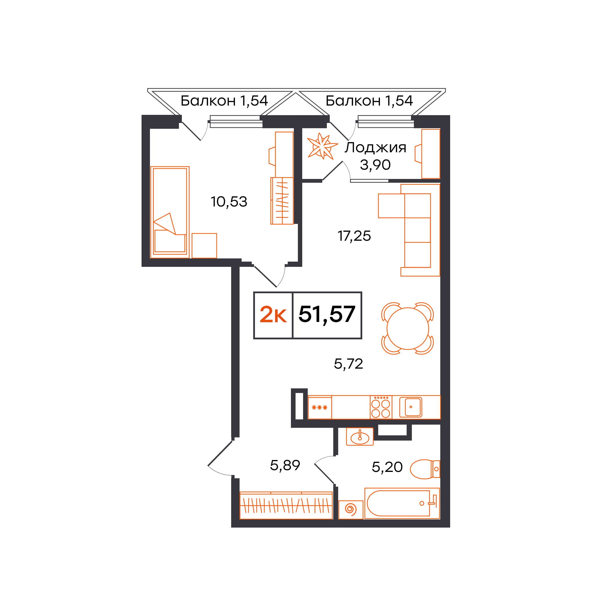 Планировка: Евродвушка 51.6 м² в ЖК Отличие, Комарово Парк