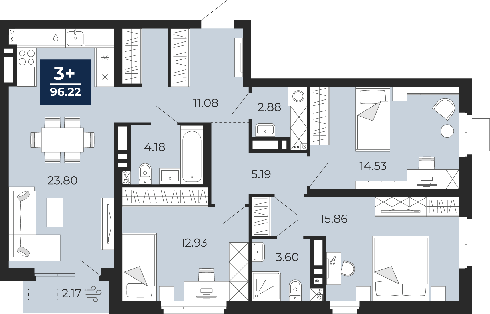 Планировка: 4-комнатная евро 94 м² в ЖК Мириады, Мыс