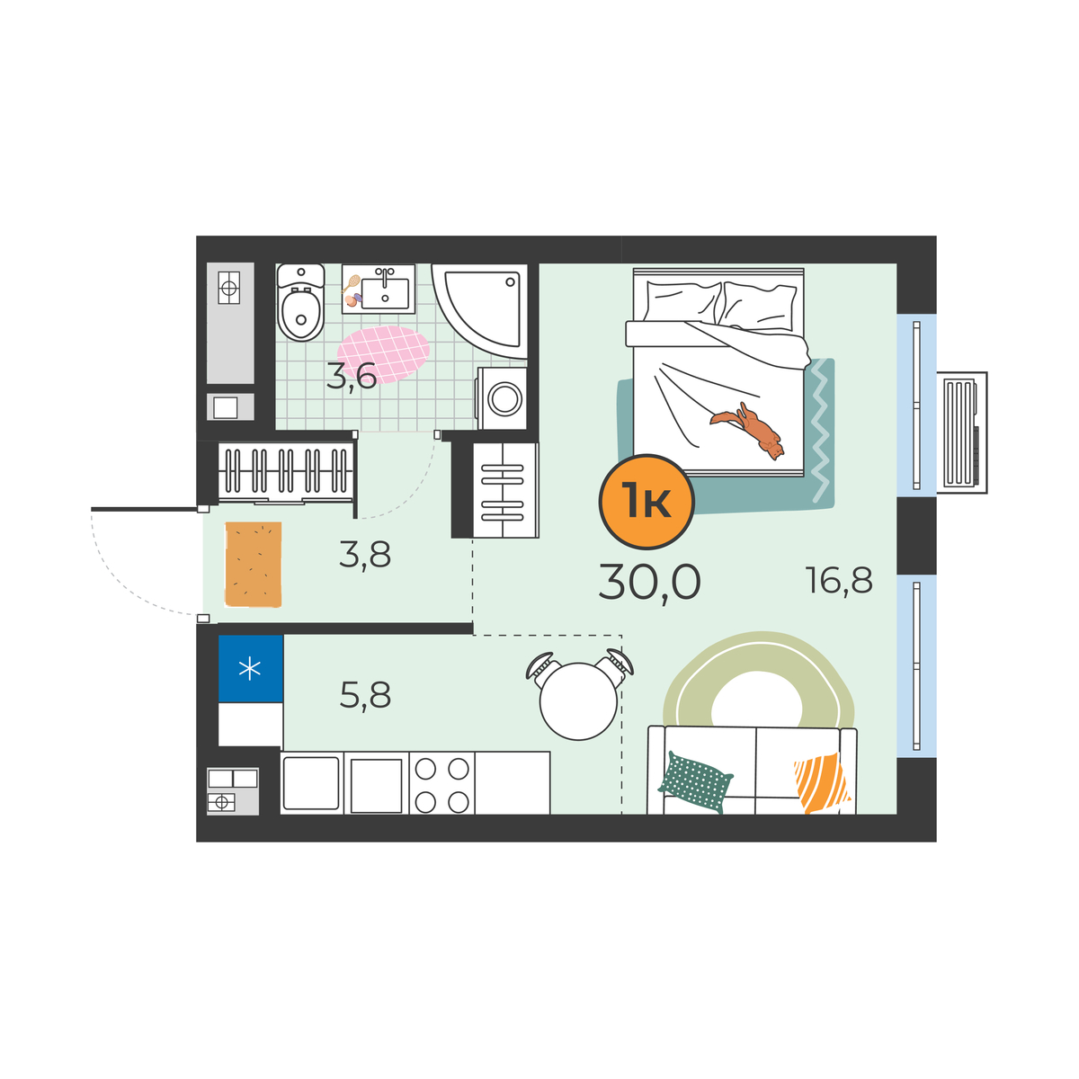 Планировка: Студия 30 м² в ЖК Корней, Южный