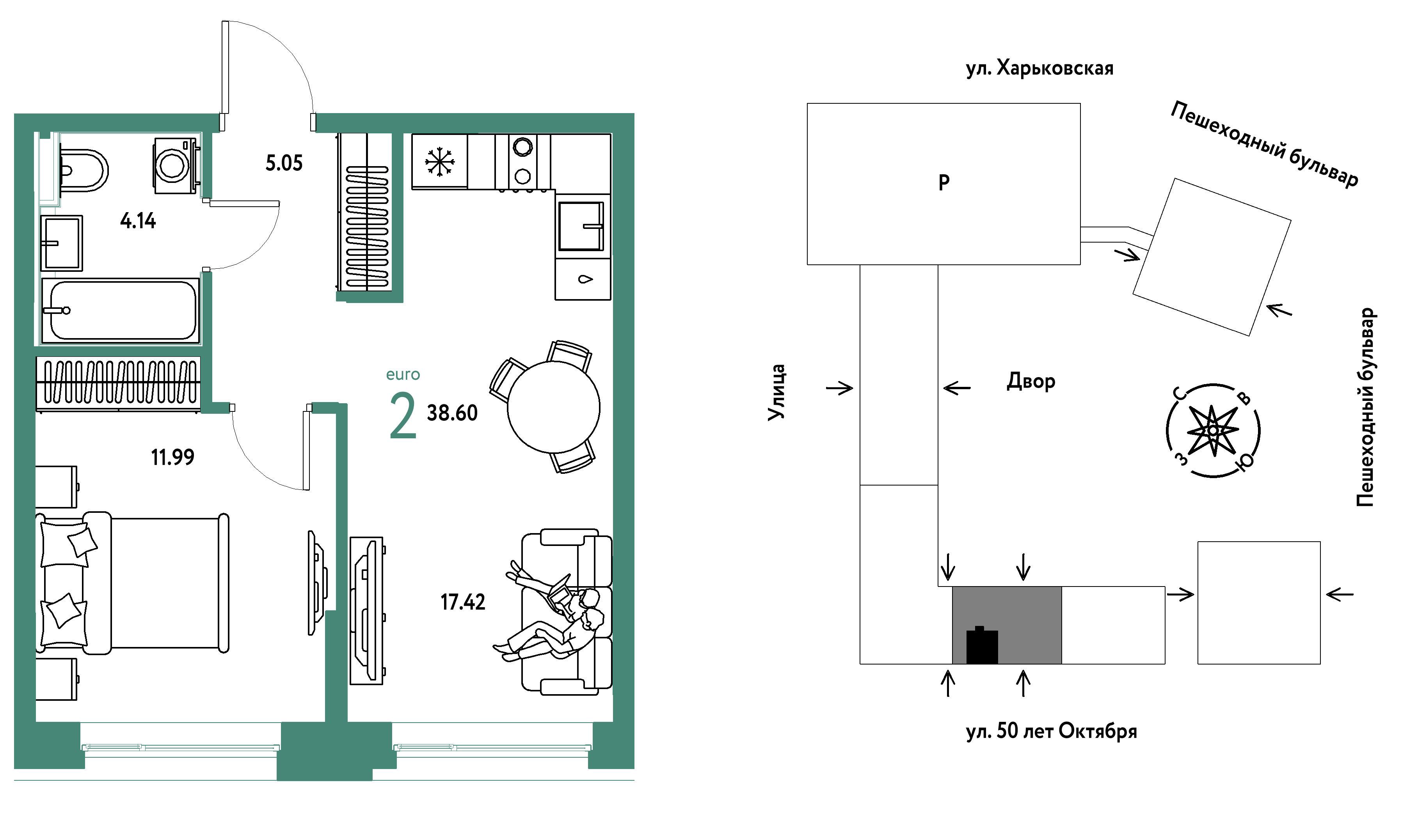 Планировка: Евродвушка 38.6 м² в ЖК Сердце Сибири, Центр: КПД