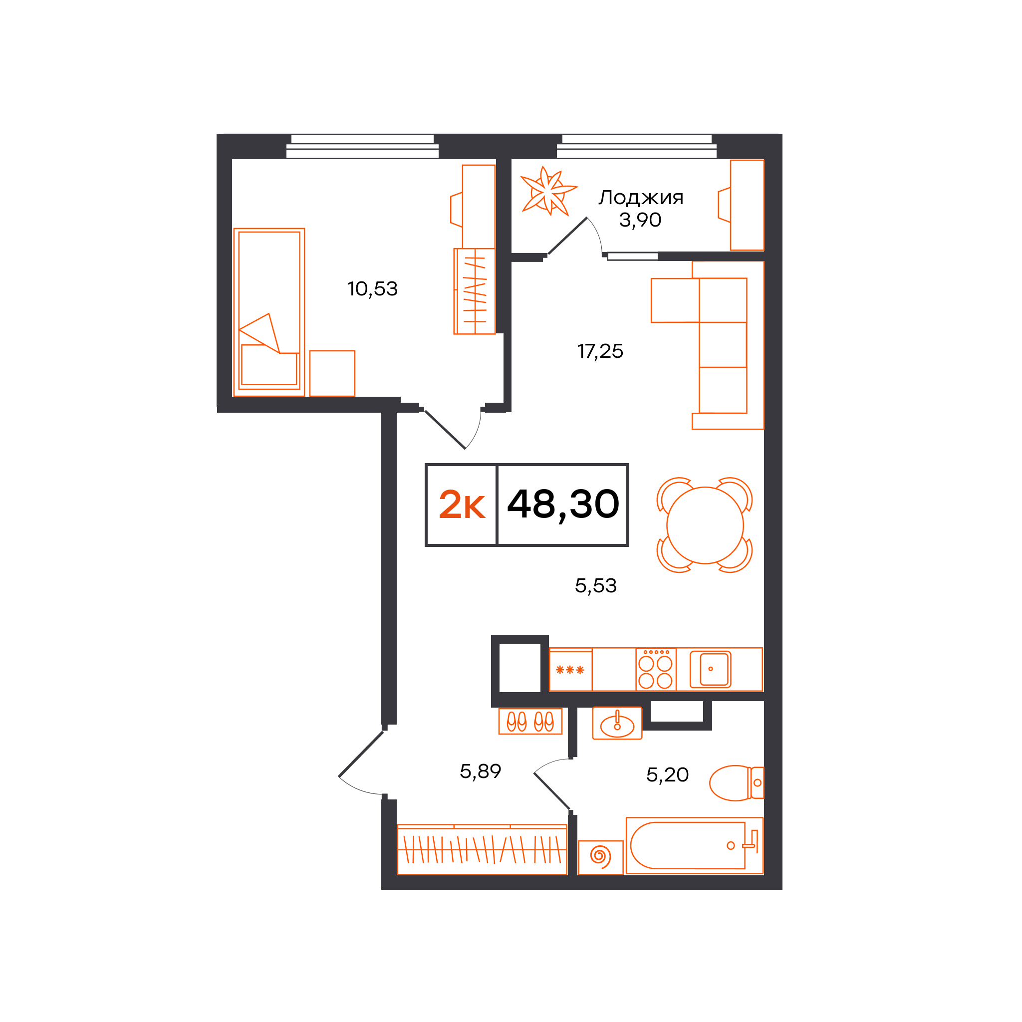 Планировка: Евродвушка 48.3 м² в ЖК Отличие, Комарово Парк