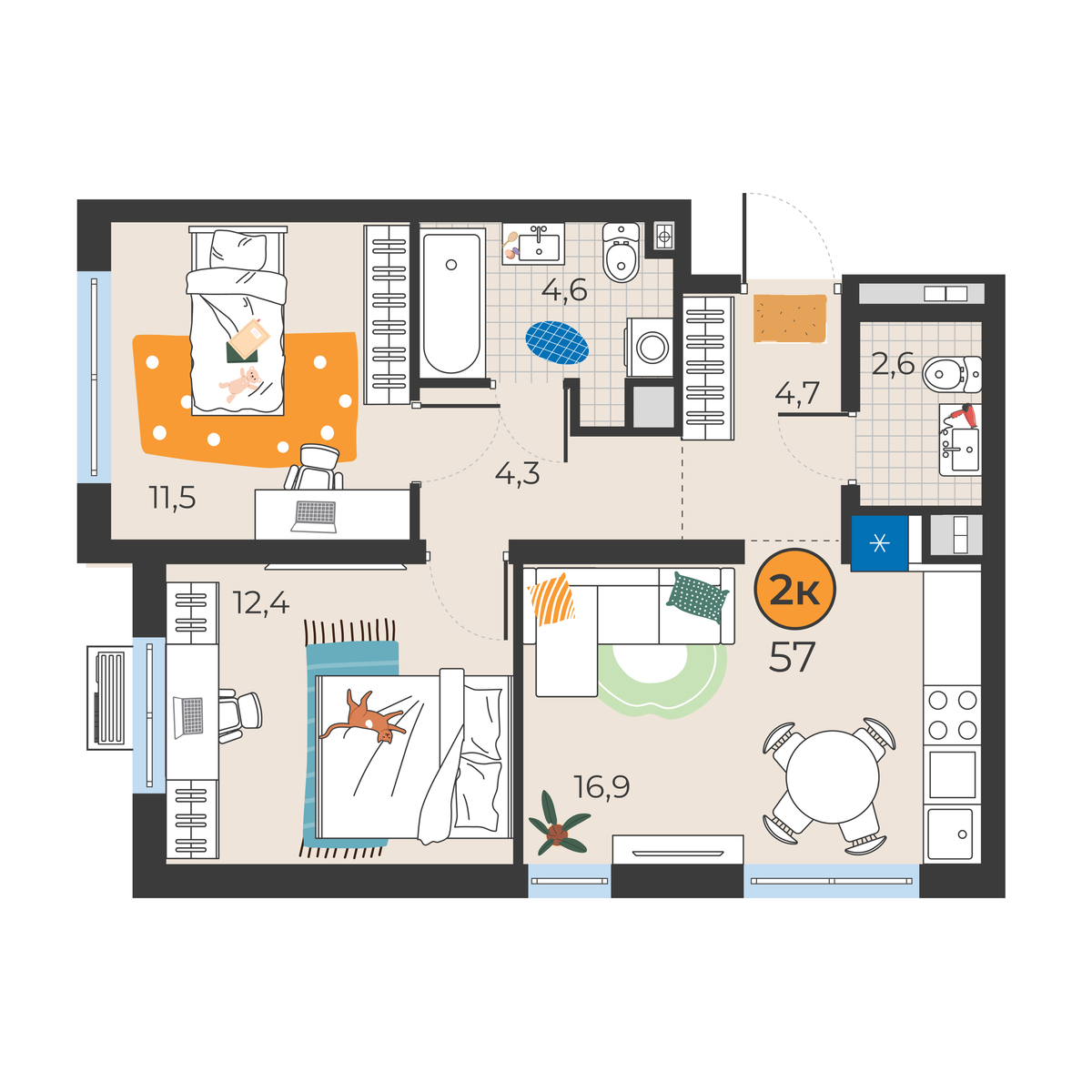 Планировка: Евротрешка 57 м² в ЖК Корней, Южный