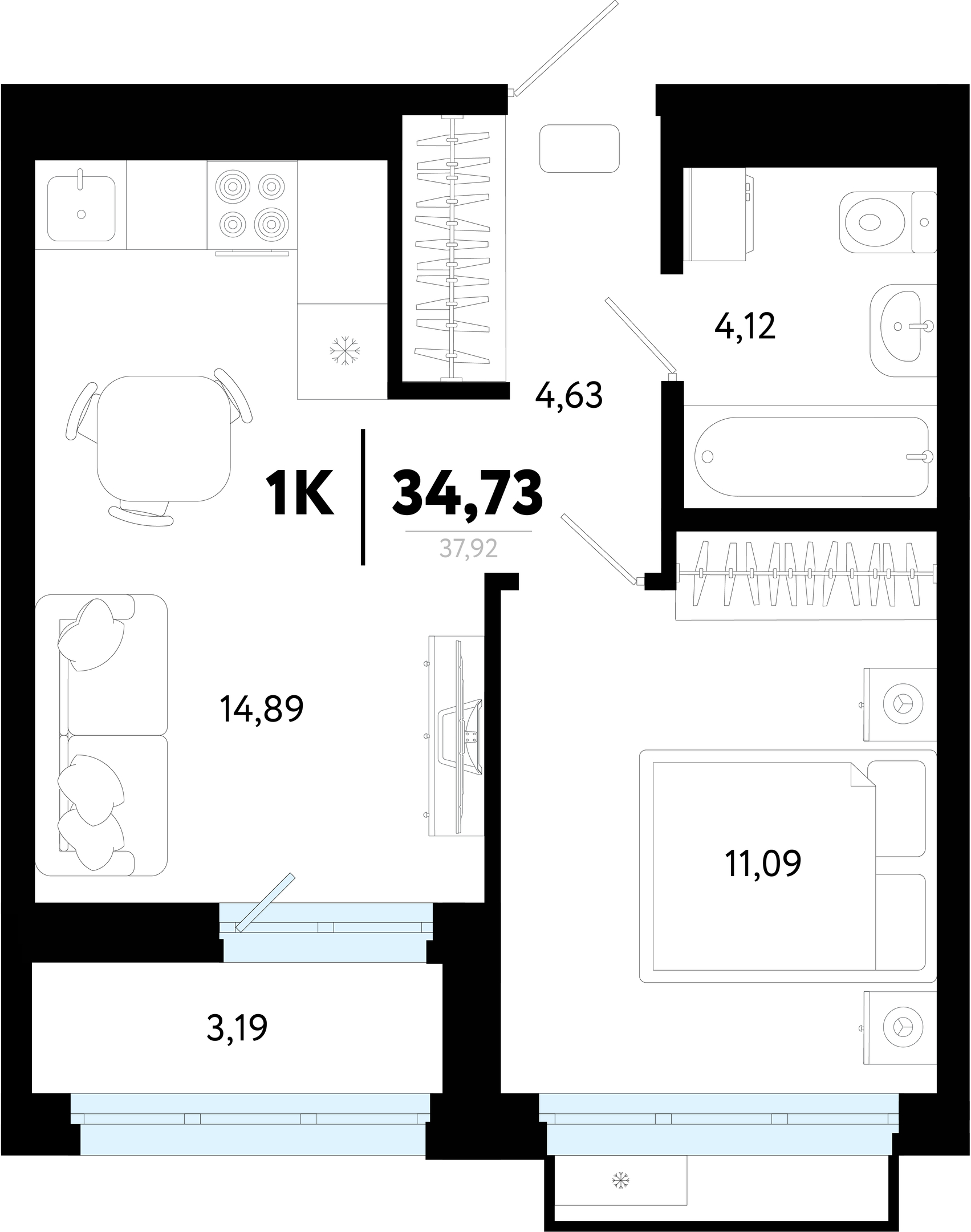 Планировка: Евродвушка 34.7 м² в ЖК Символ, Комарово Парк