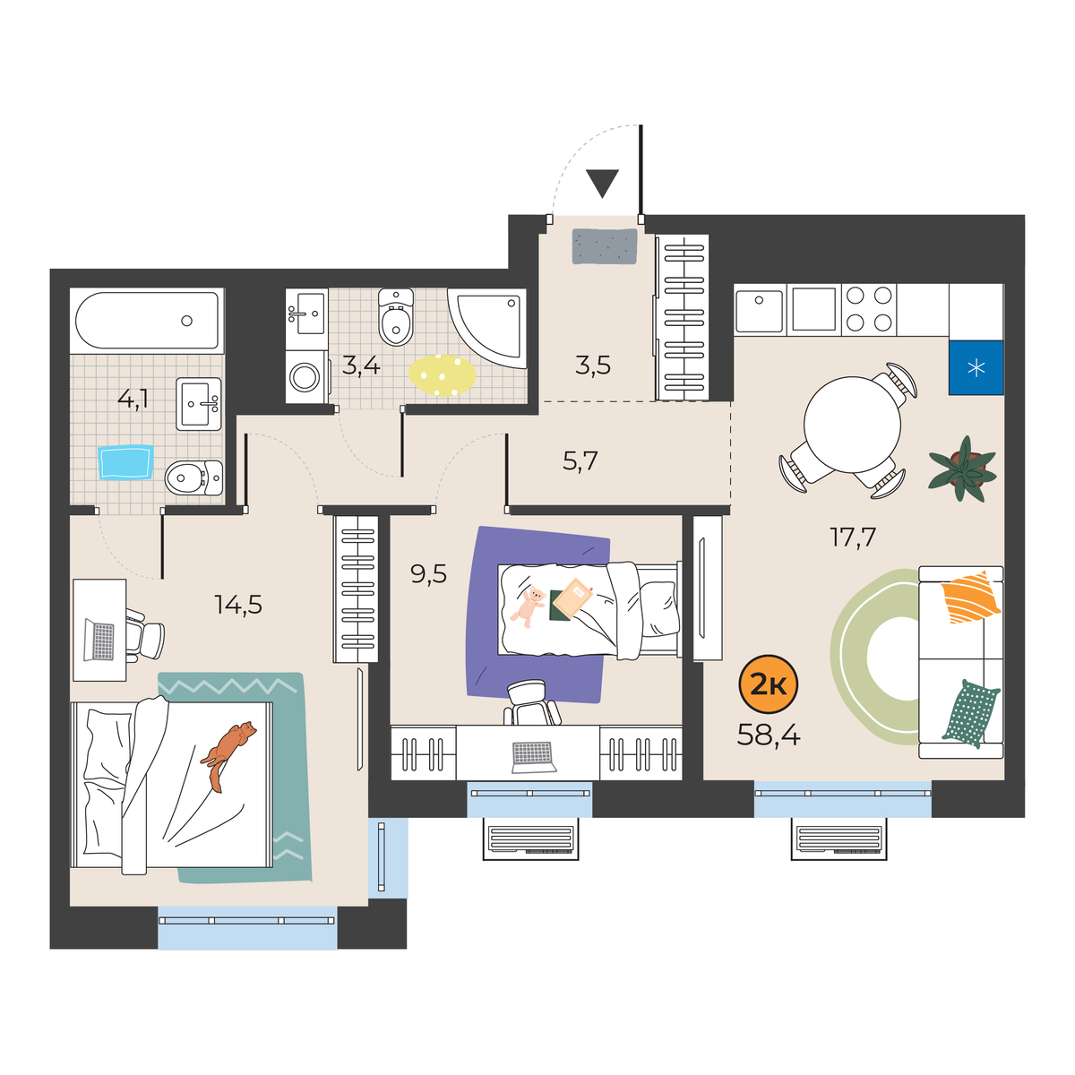 Планировка: Евротрешка 58.4 м² в ЖК Корней, Южный