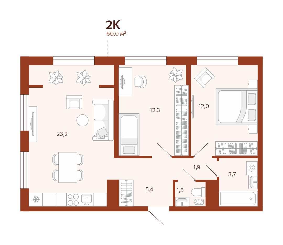 Планировка: Евротрешка 60 м² в ЖК Новатор, Центр: КПД