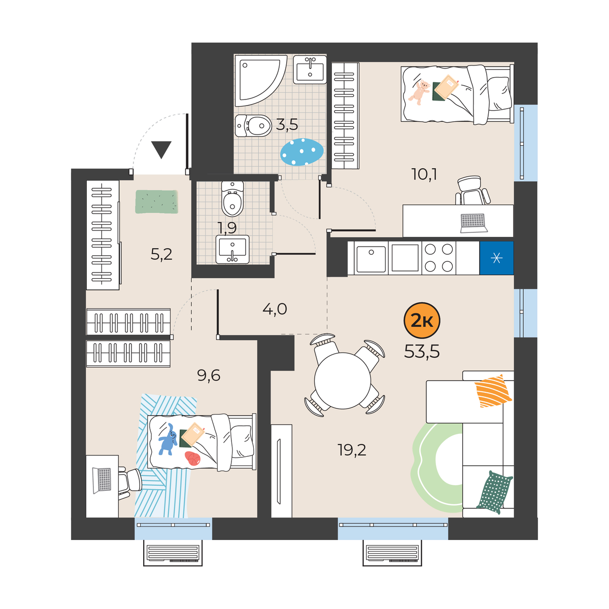 Планировка: Евротрешка 53.5 м² в ЖК Корней, Южный