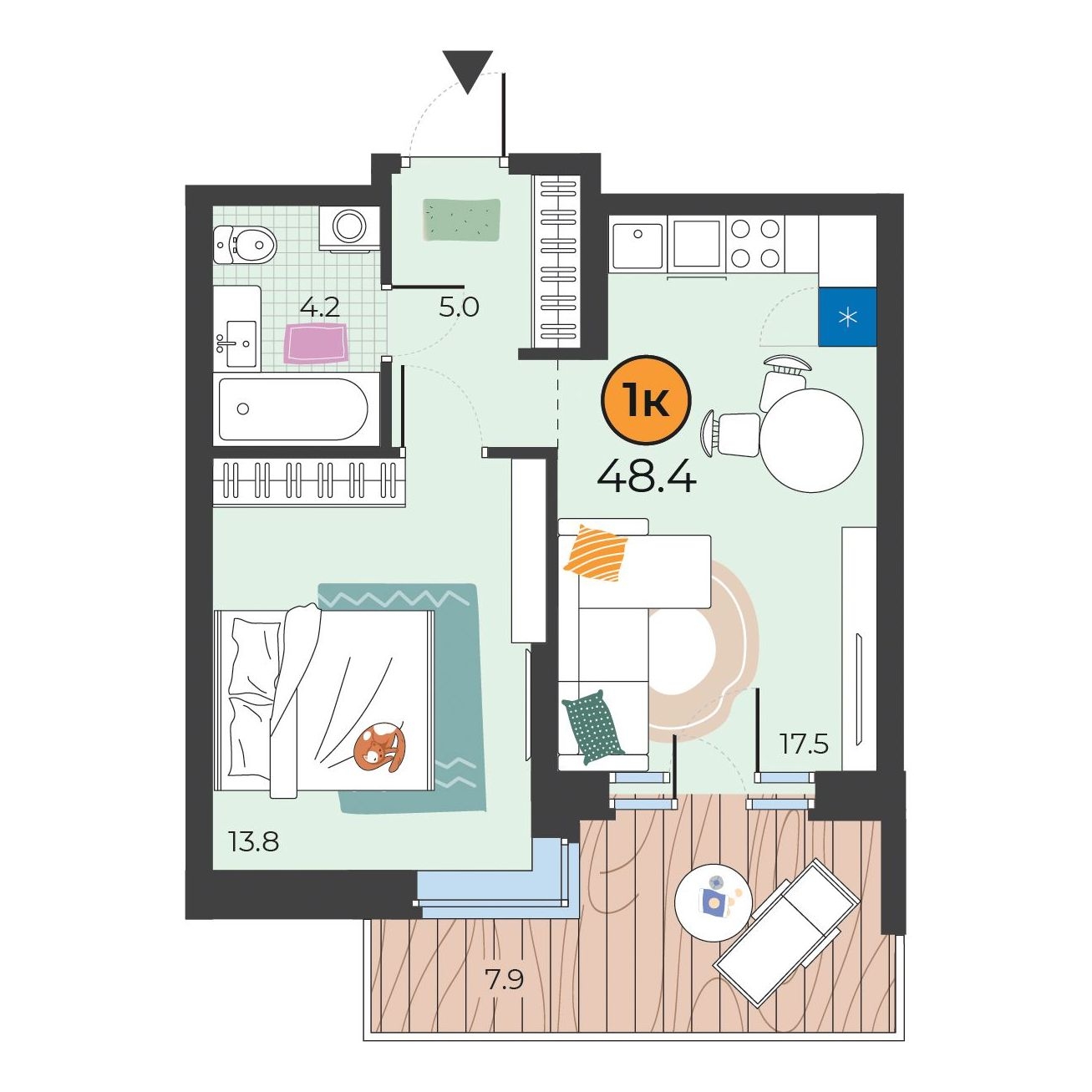 Планировка: Евродвушка 42.9 м² в ЖК Корней, Южный
