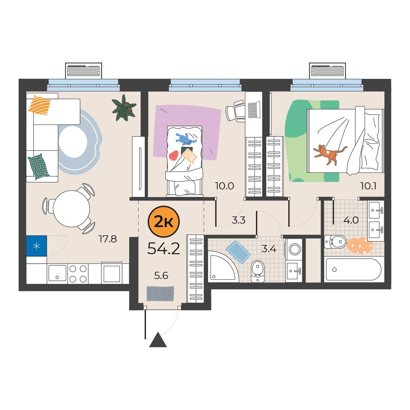 Планировка: Евротрешка 54.2 м² в ЖК Корней, Южный
