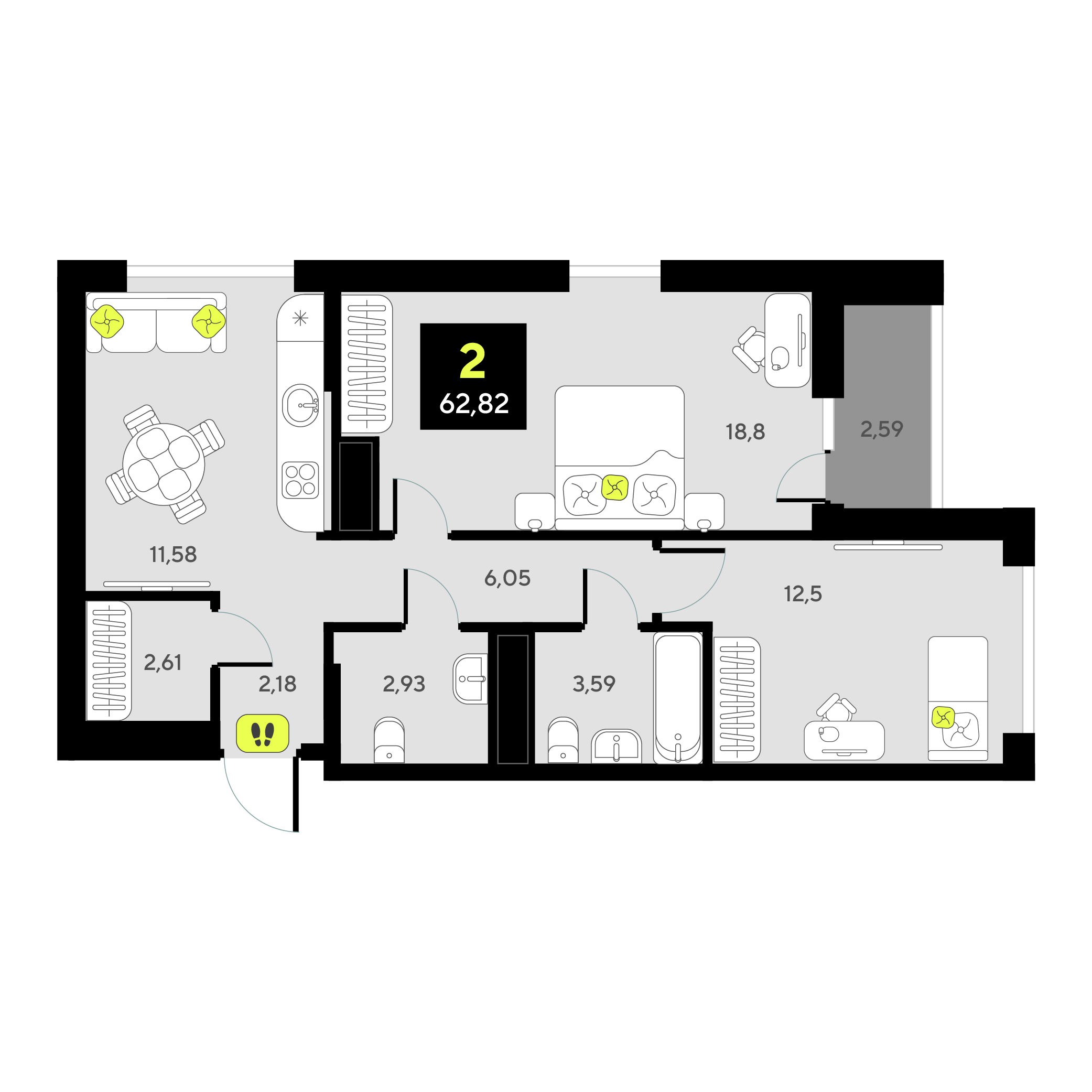 Планировка: Евротрешка 62.8 м² в ЖК Мотивы, От Плеханова до Южного