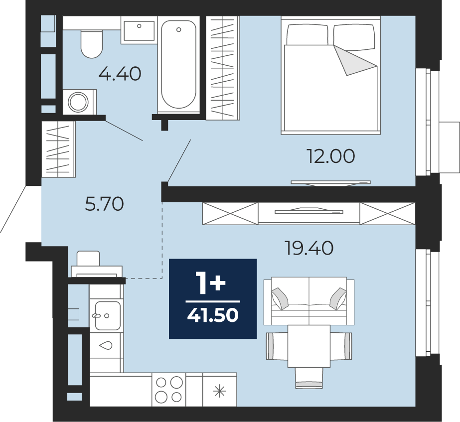 Планировка: Евродвушка 41.5 м² в ЖК Айвазовский, 5-й Заречный