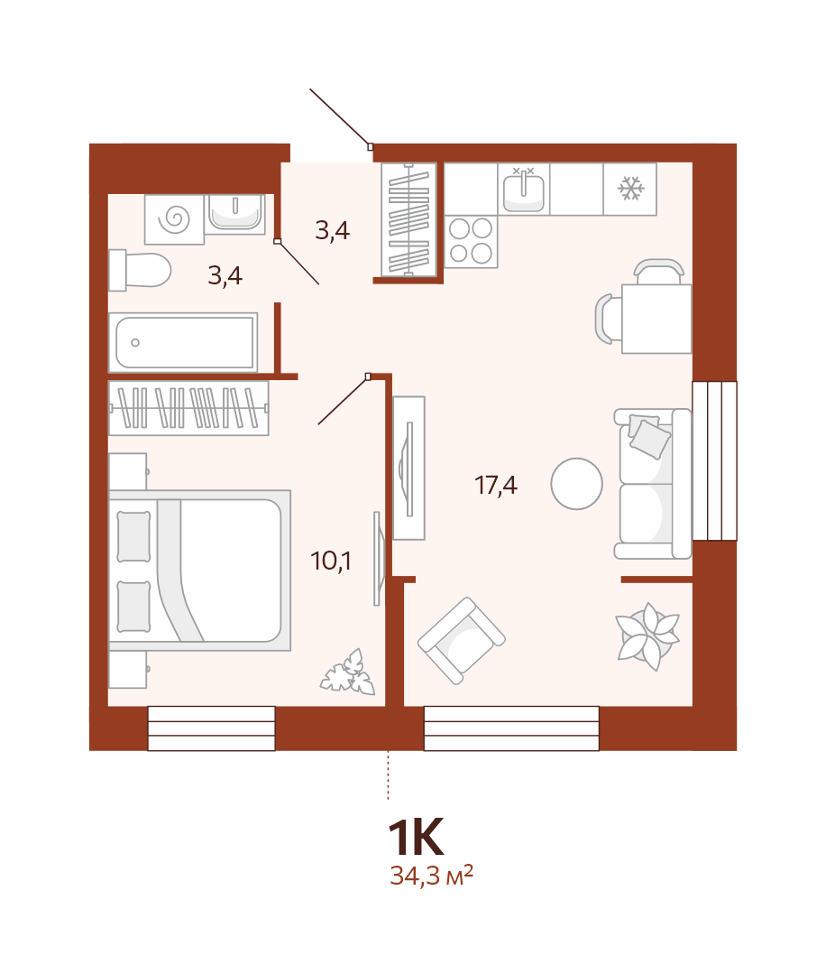 Планировка: Евродвушка 34.3 м² в ЖК Новатор, Центр: КПД