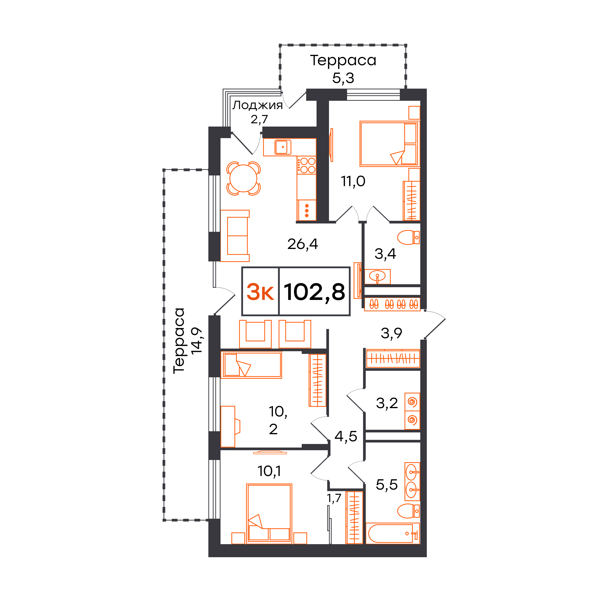 Планировка: 4-комнатная евро 102.8 м² в ЖК Чемпионский, Чемпионский