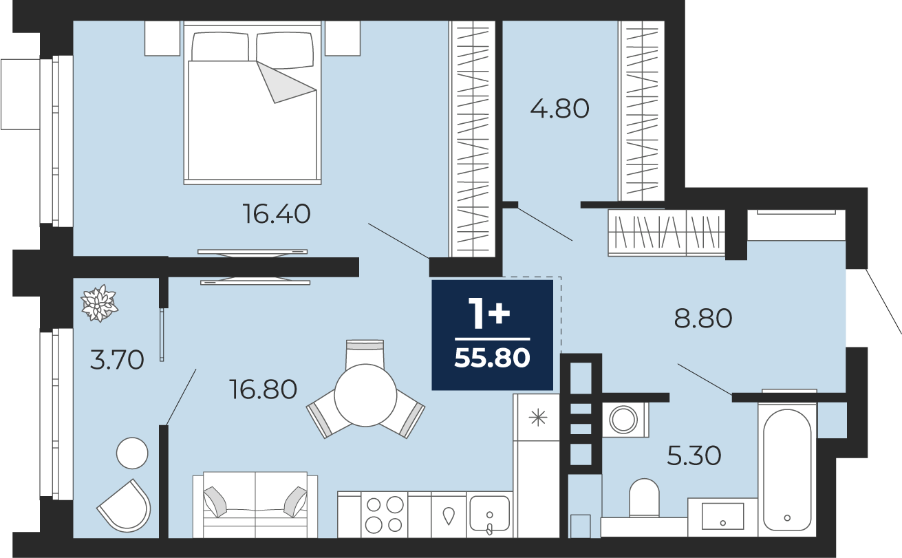 Планировка: Евродвушка 52.1 м² в ЖК Айвазовский, 5-й Заречный