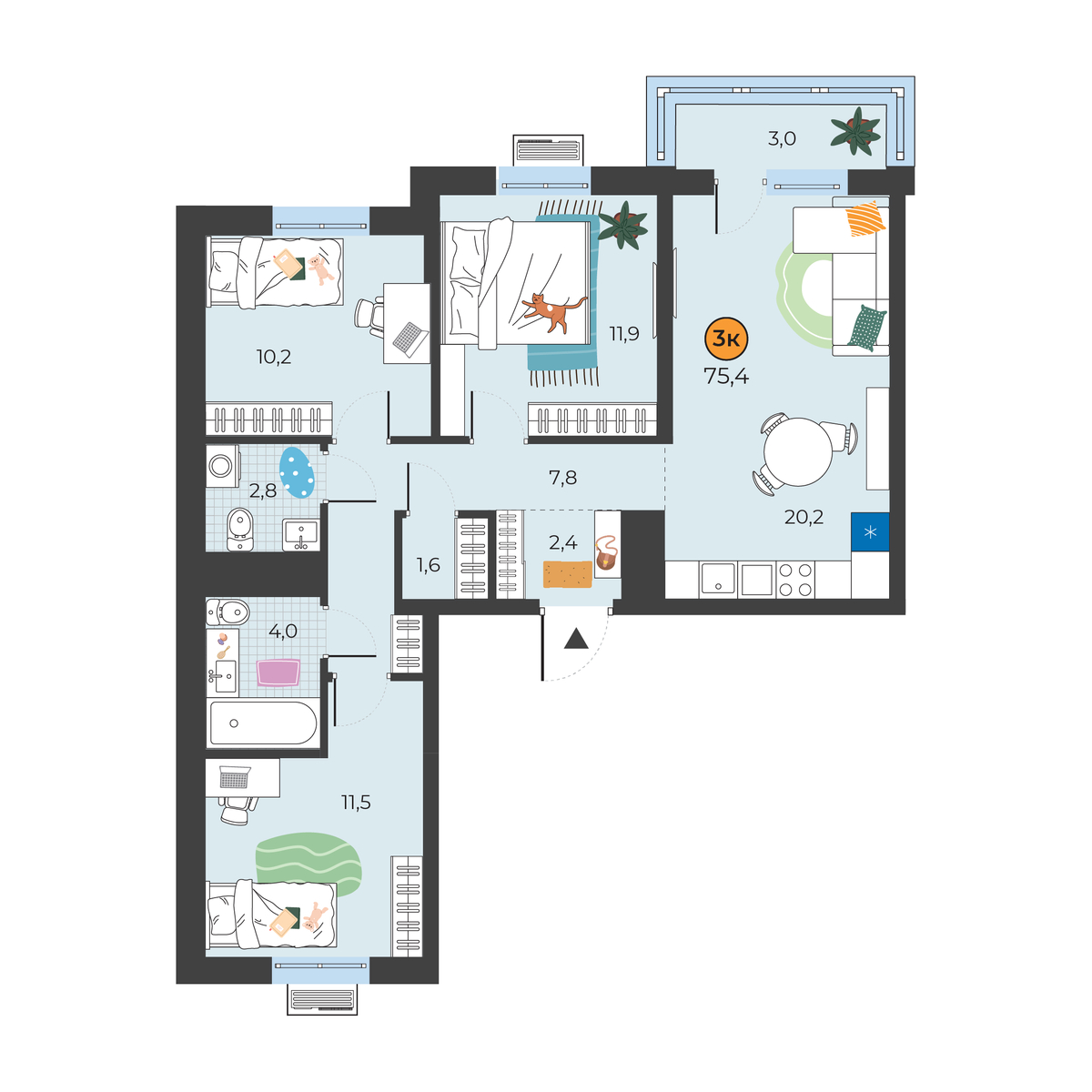 Планировка: 4-комнатная евро 72.4 м² в ЖК Корней, Южный