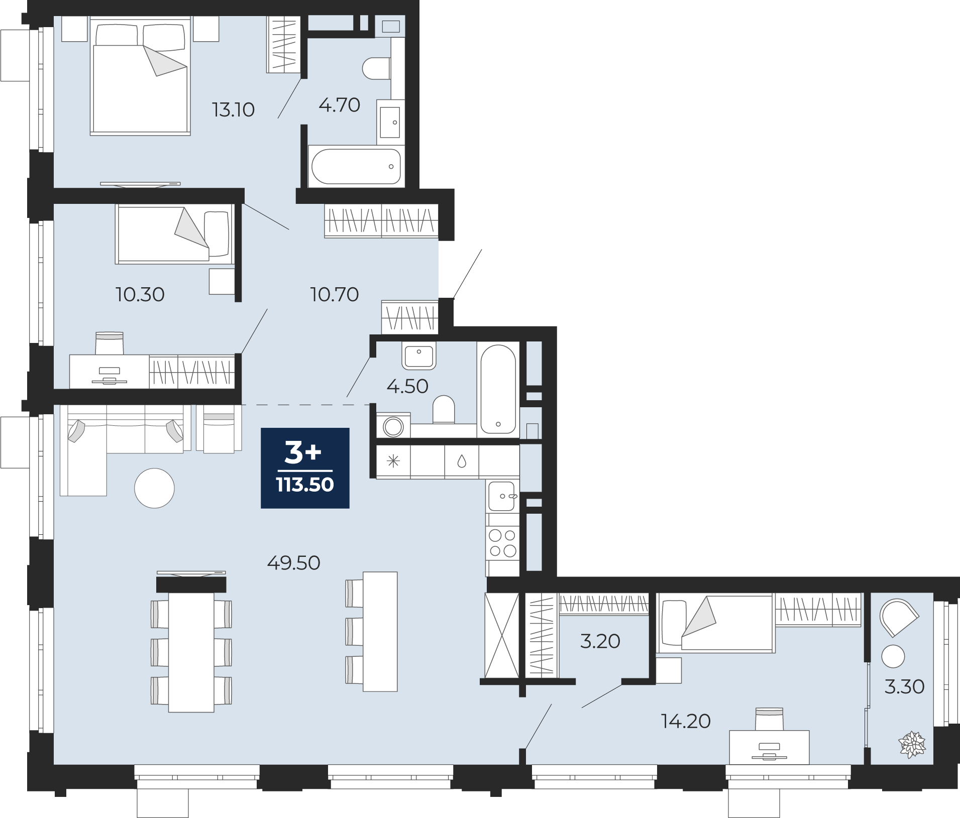 Планировка: 4-комнатная евро 110.2 м² в ЖК Айвазовский, 5-й Заречный
