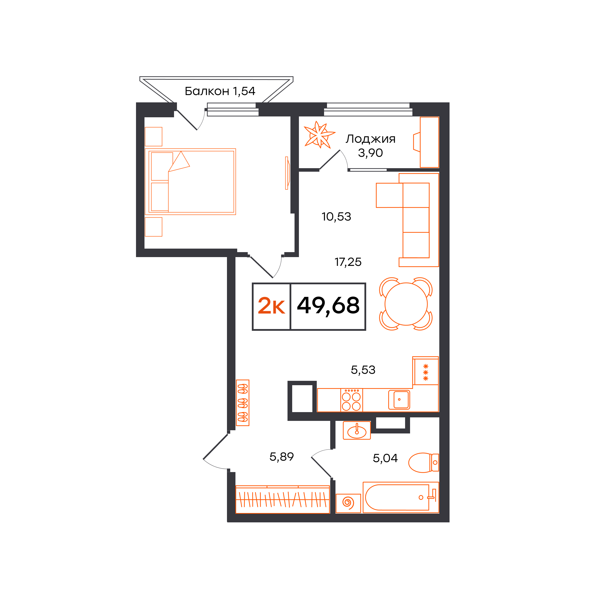 Планировка: Евродвушка 49.7 м² в ЖК Отличие, Комарово Парк