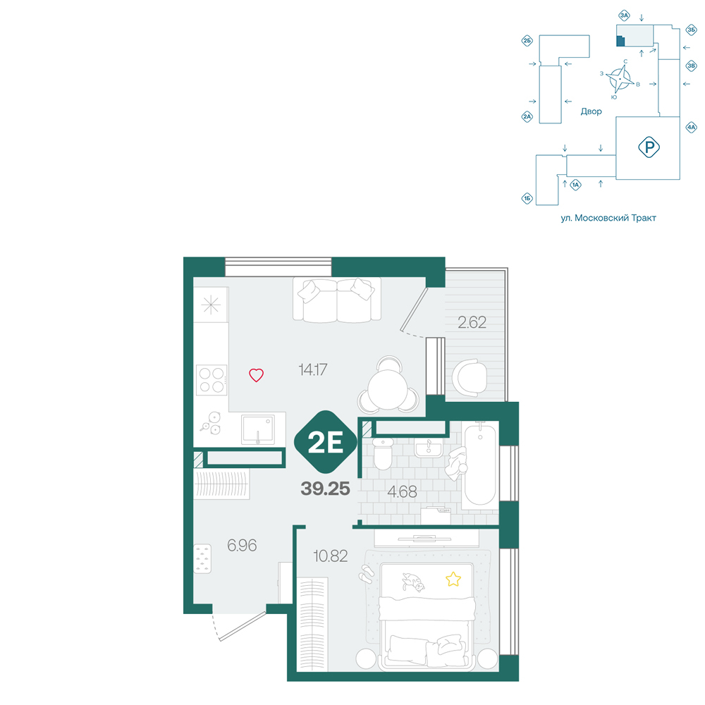 Планировка: Евродвушка 39.2 м² в ЖК Сибирский, Московский тракт