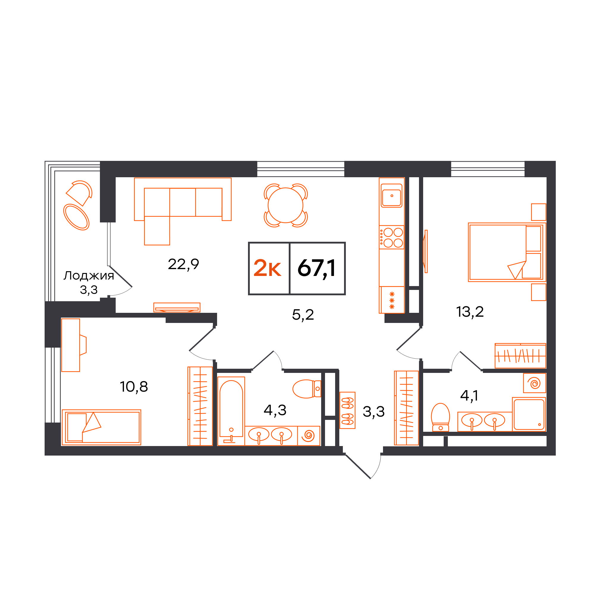 Планировка: Евротрешка 67.1 м² в ЖК Чемпионский, Чемпионский