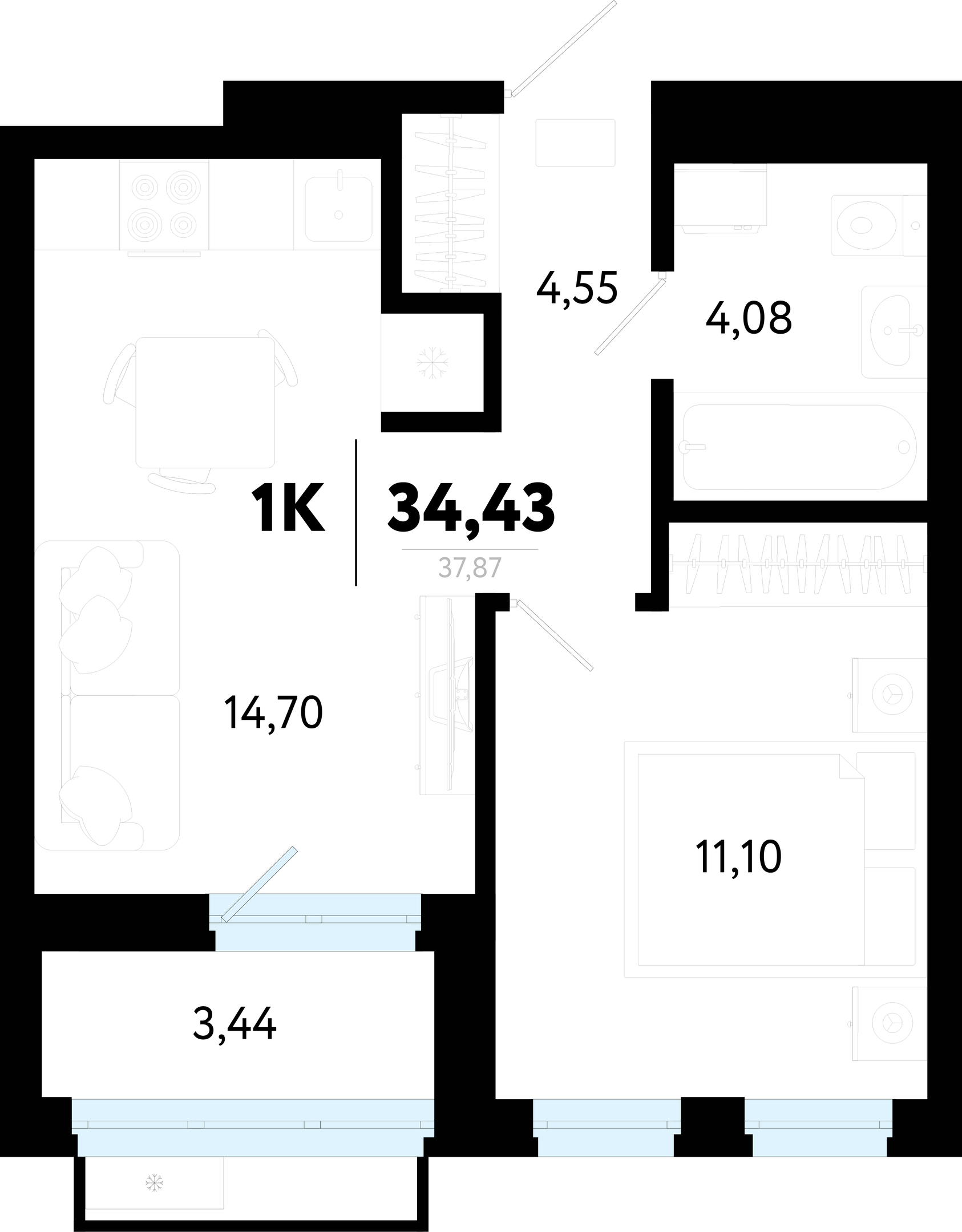Планировка: Евродвушка 34.4 м² в ЖК Символ, Комарово Парк