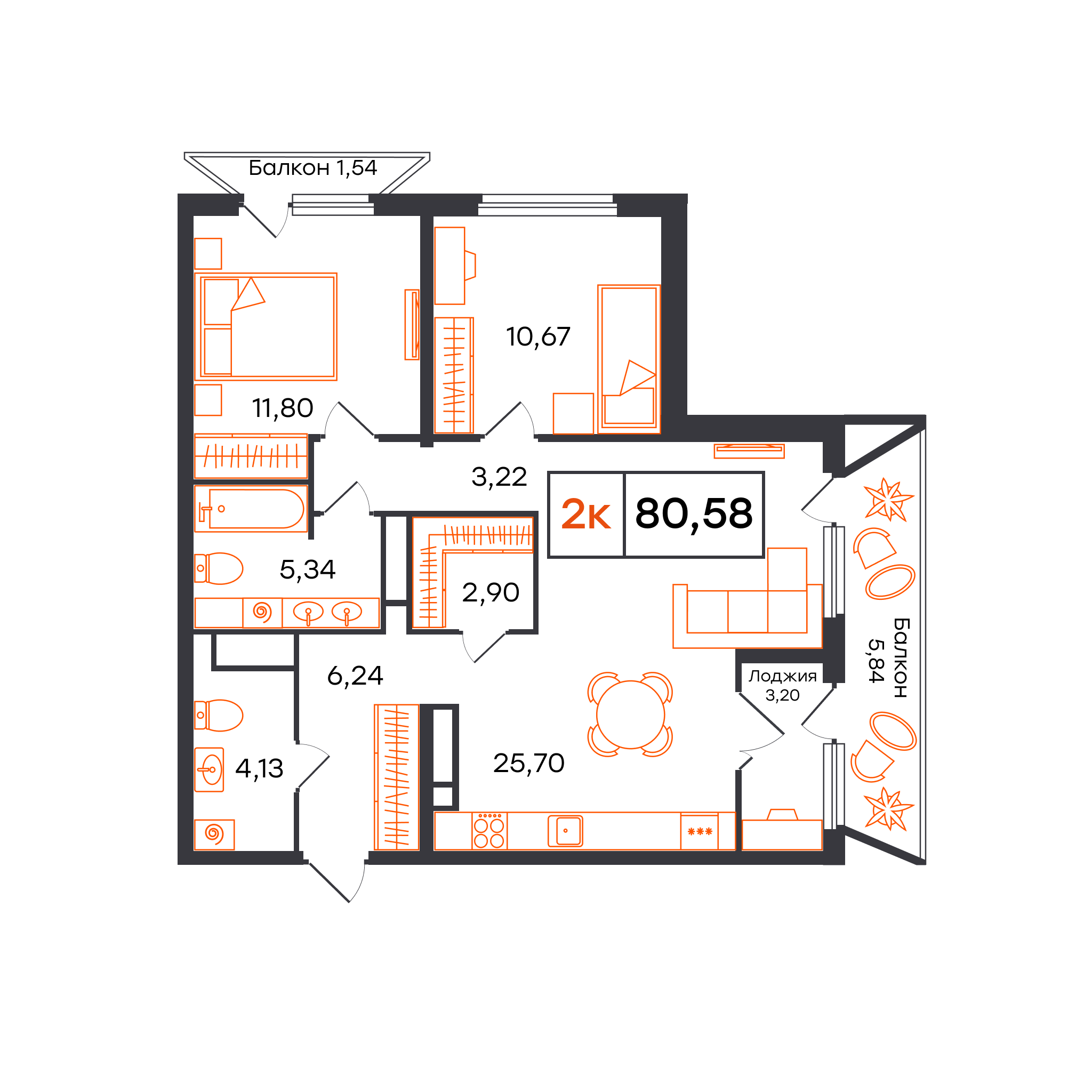 Планировка: Евротрешка 80.6 м² в ЖК Отличие, Комарово Парк