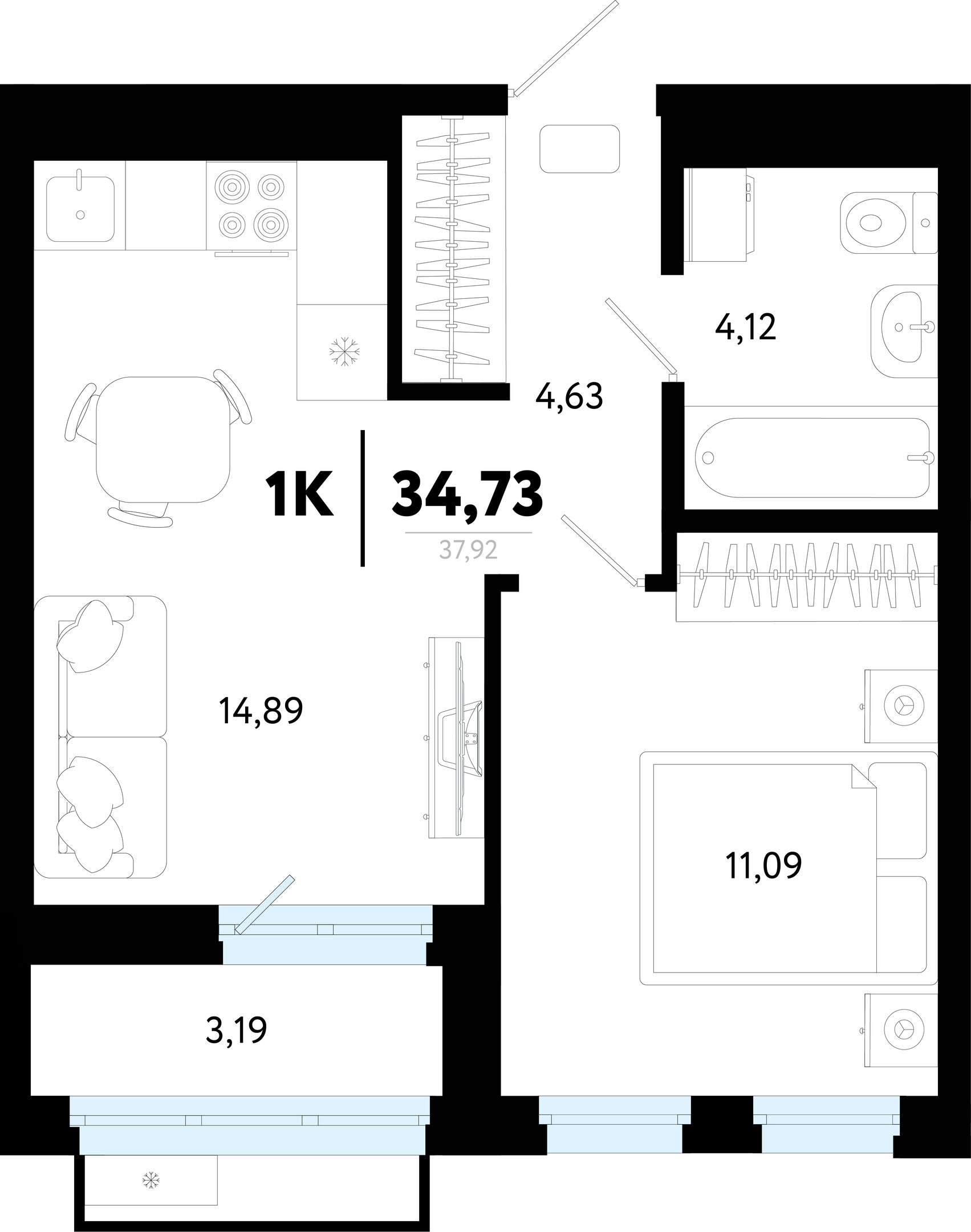 Планировка: Евродвушка 34.7 м² в ЖК Символ, Комарово Парк
