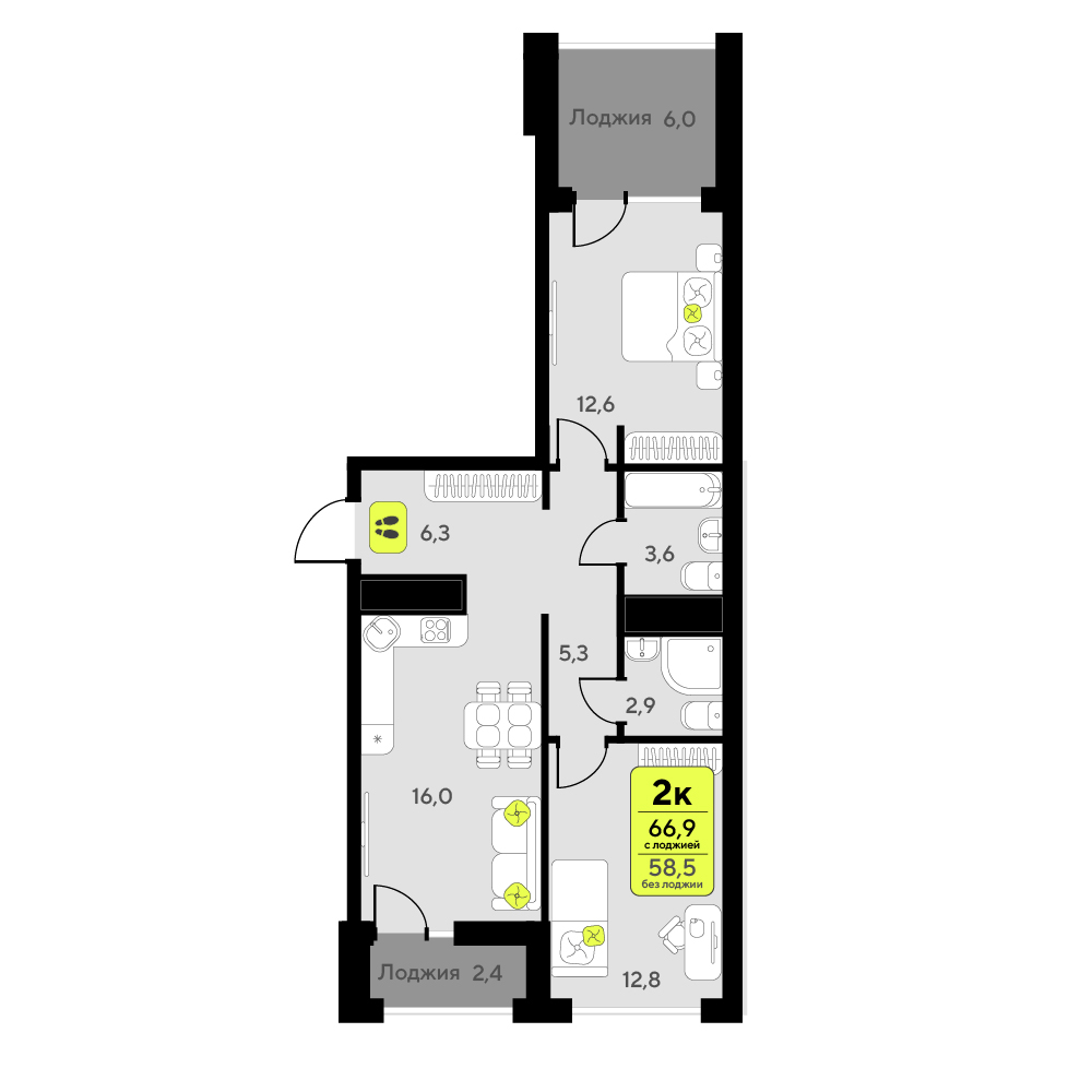 Планировка: Евротрешка 67.9 м² в ЖК Мотивы, От Плеханова до Южного