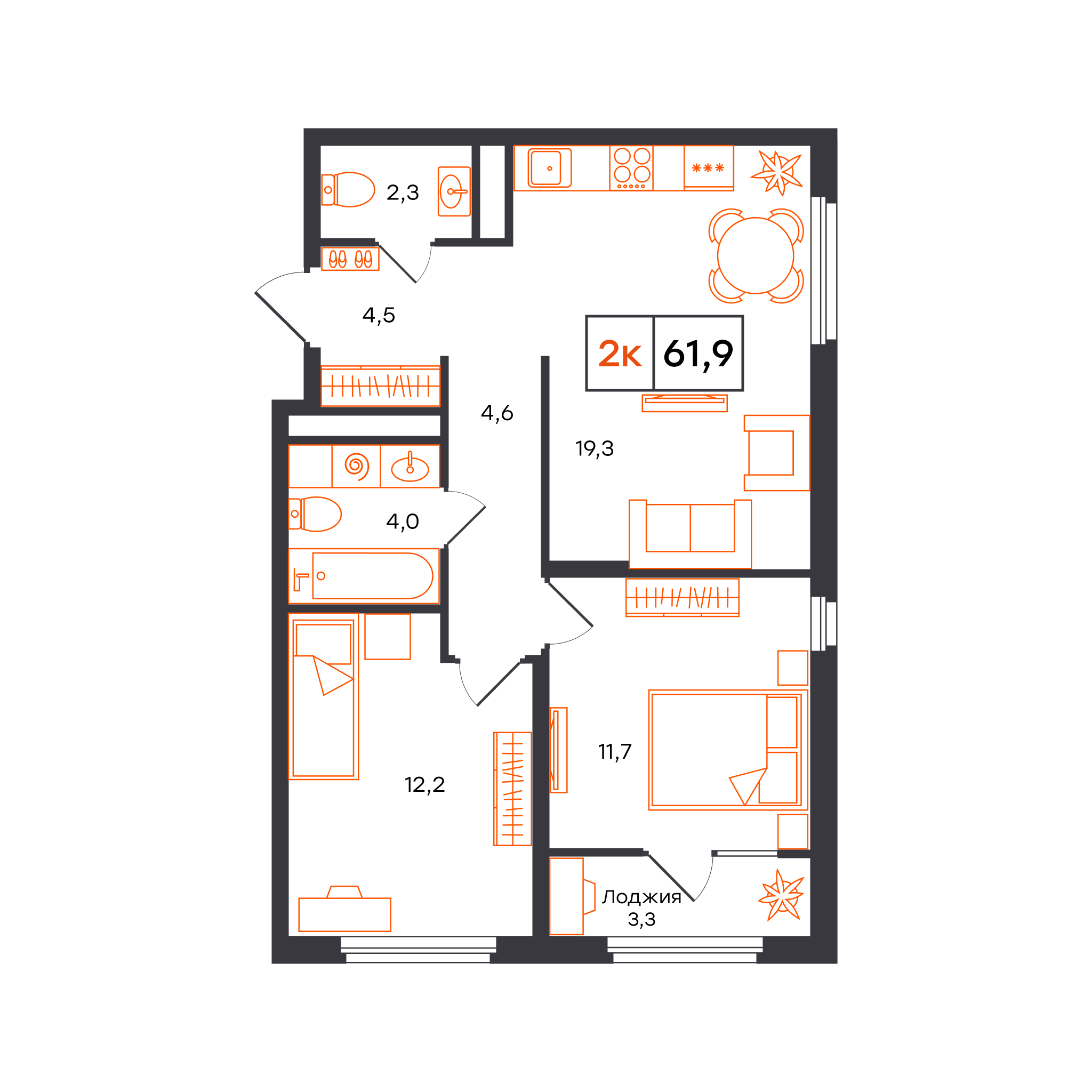 Планировка: Евротрешка 61.9 м² в ЖК Отличие, Комарово Парк