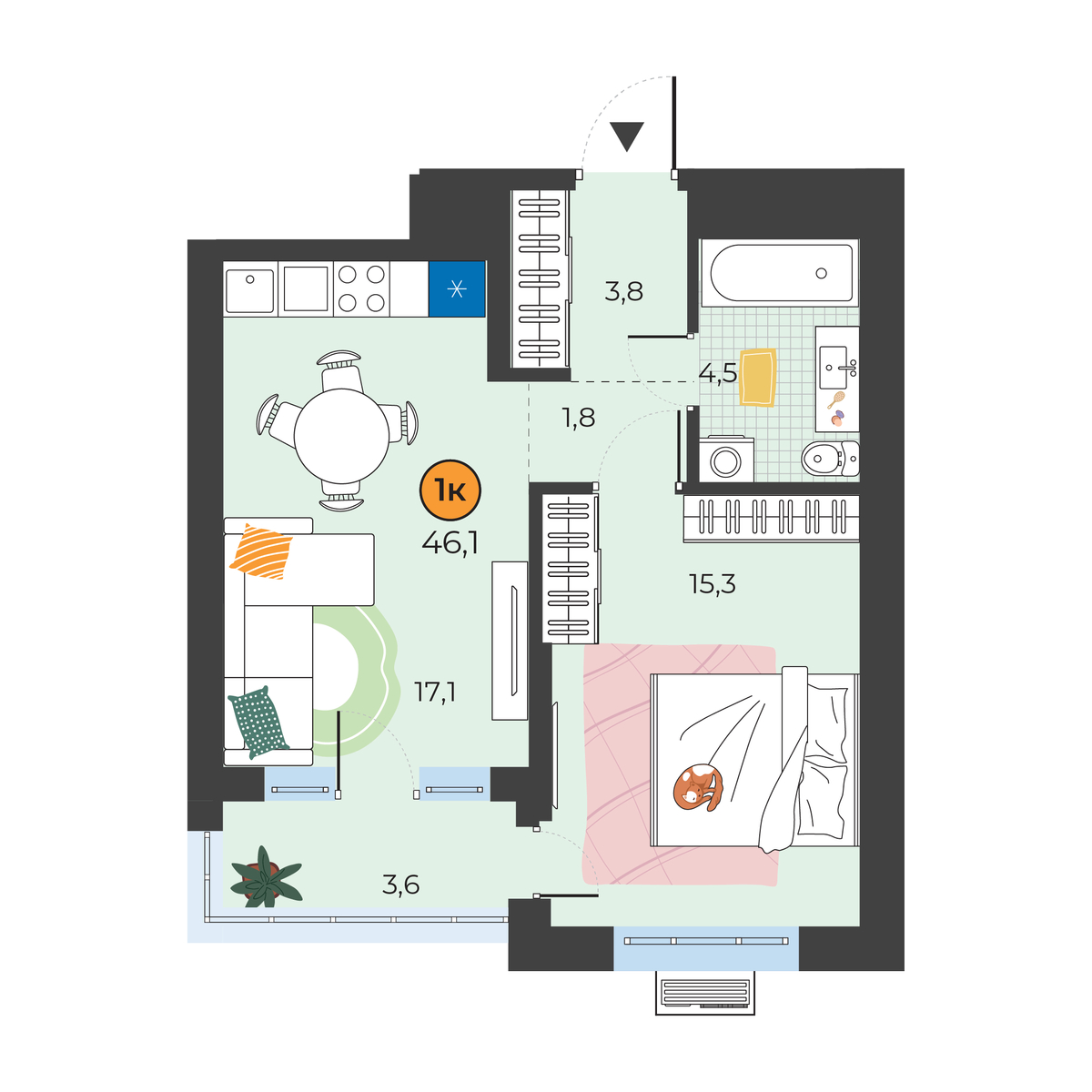Планировка: Евродвушка 43.6 м² в ЖК Корней, Южный
