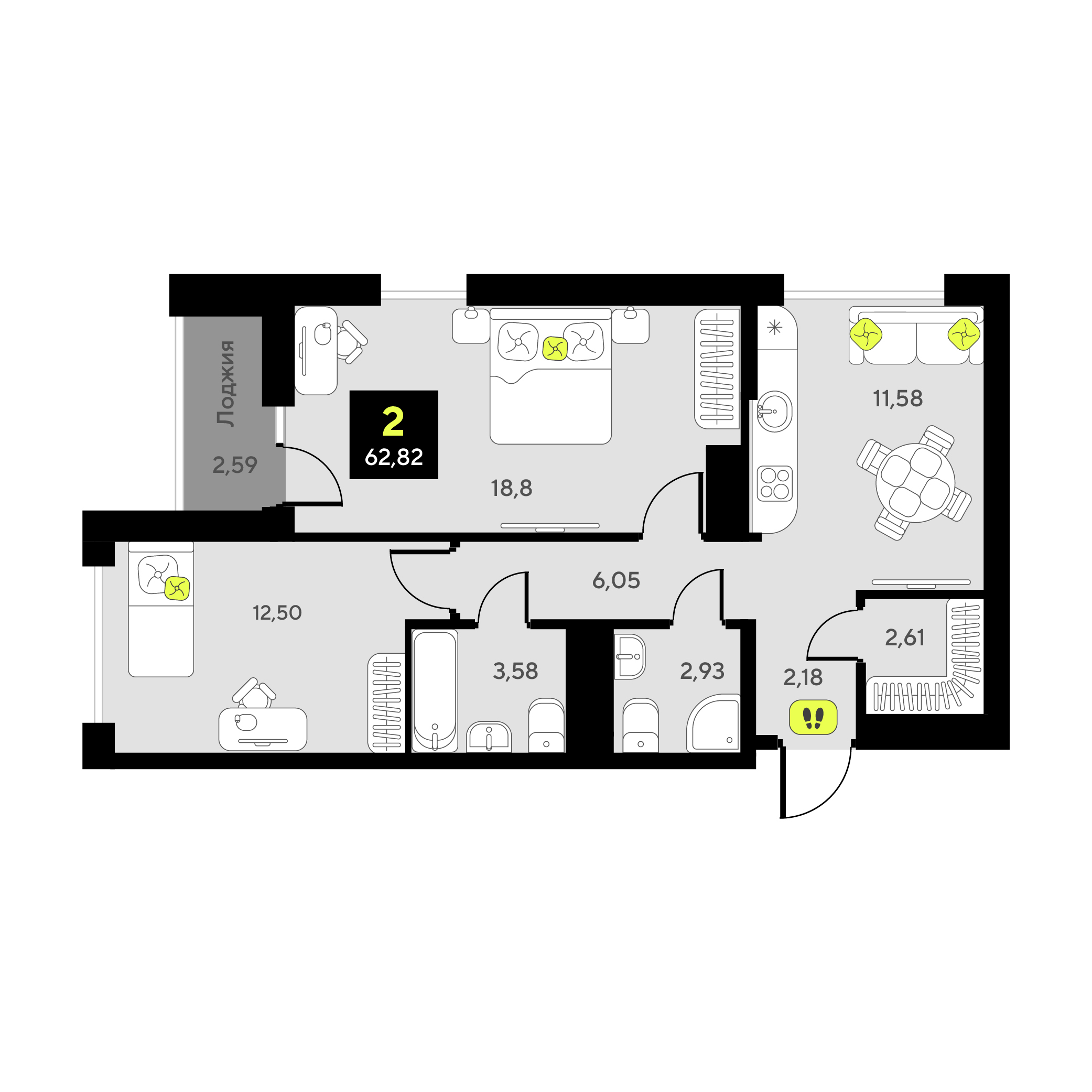 Планировка: Евротрешка 62.8 м² в ЖК Мотивы, От Плеханова до Южного