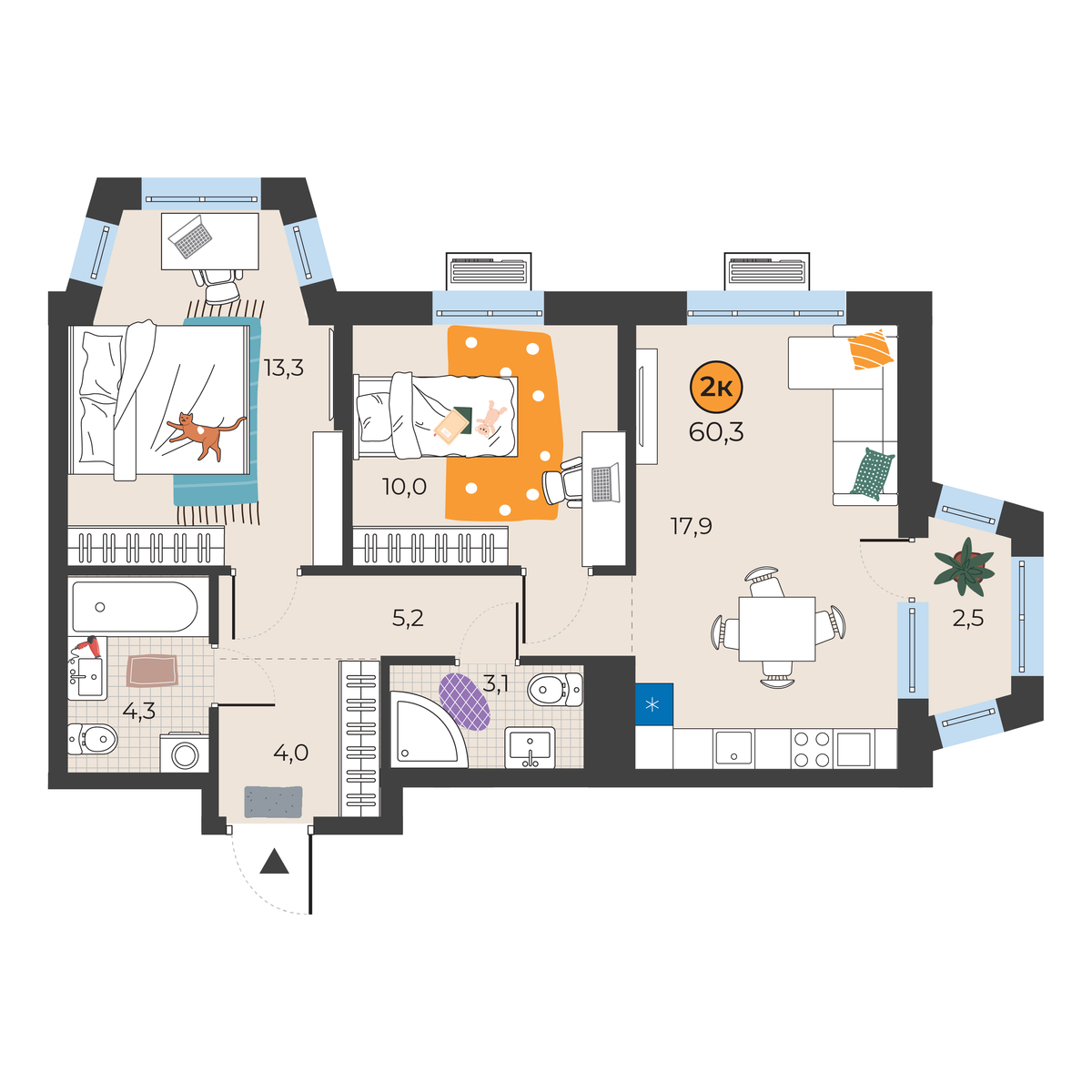 Планировка: Евротрешка 58.6 м² в ЖК Корней, Южный