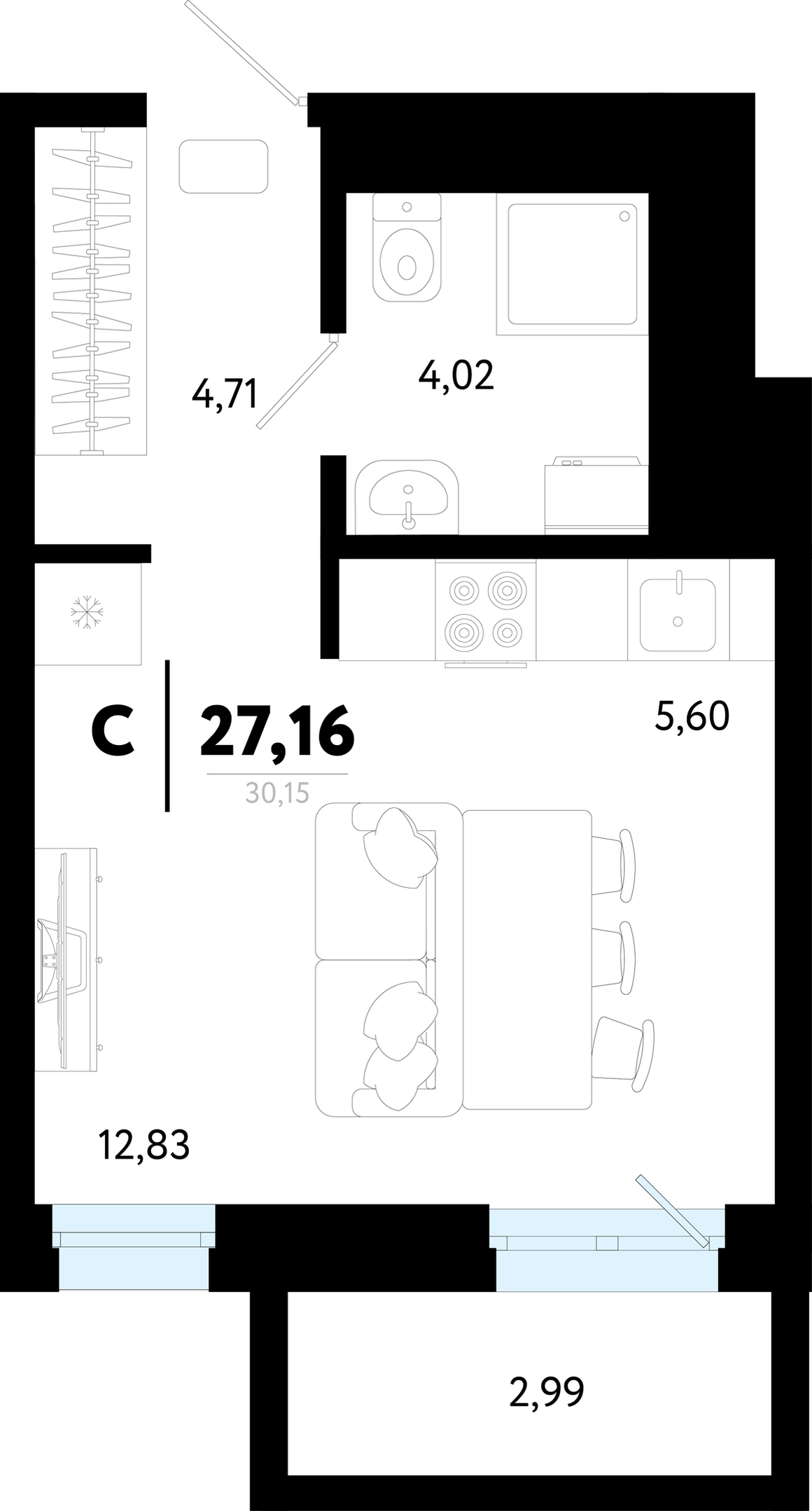 Планировка: Студия 27.2 м² в ЖК Символ, Комарово Парк