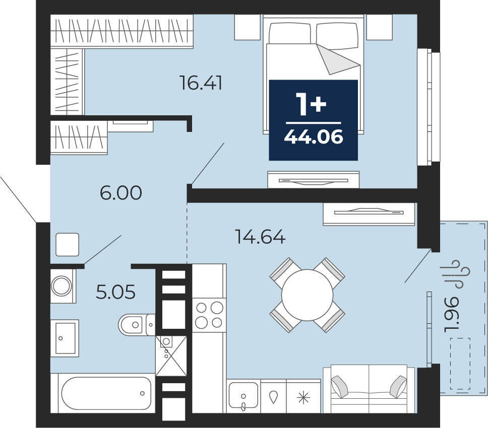 Планировка: Евродвушка 42.1 м² в ЖК Мириады, Мыс